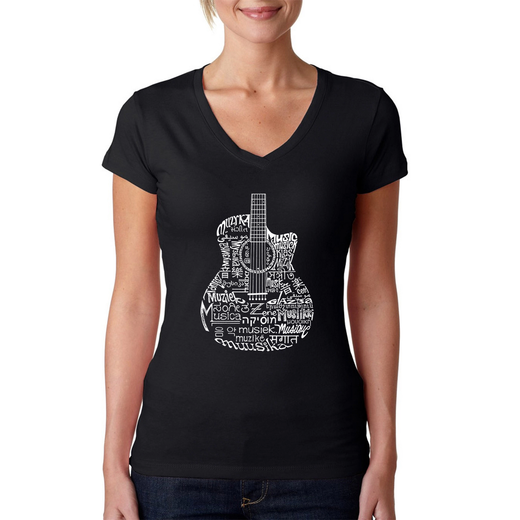 LA Pop Art Womens Word V-Neck T-Shirt - Languages Guitar