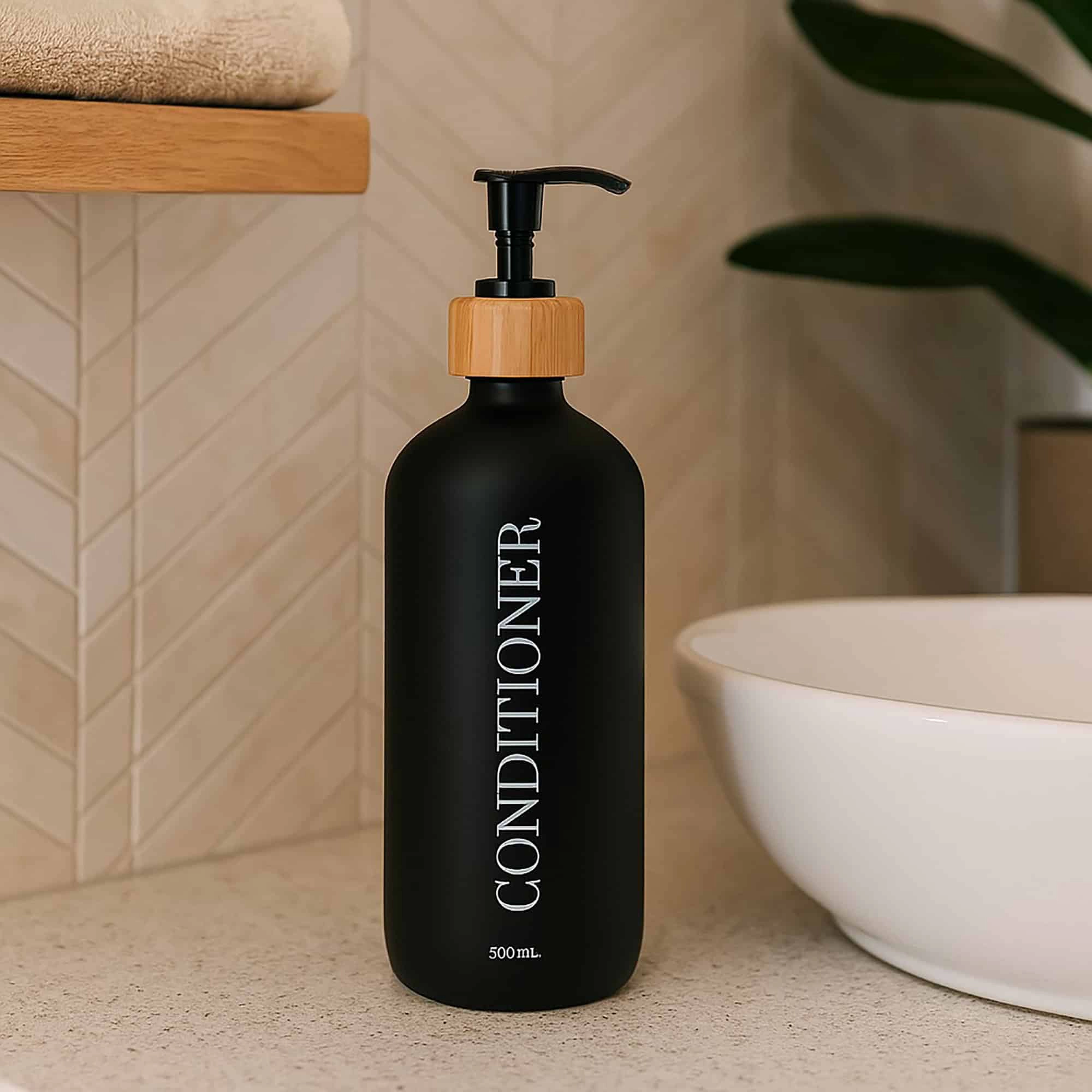 Evideco French Home Goods Matte Glass Pump Bottle with Bamboo Collar - 8.5 in, Refillable Soap Dispenser