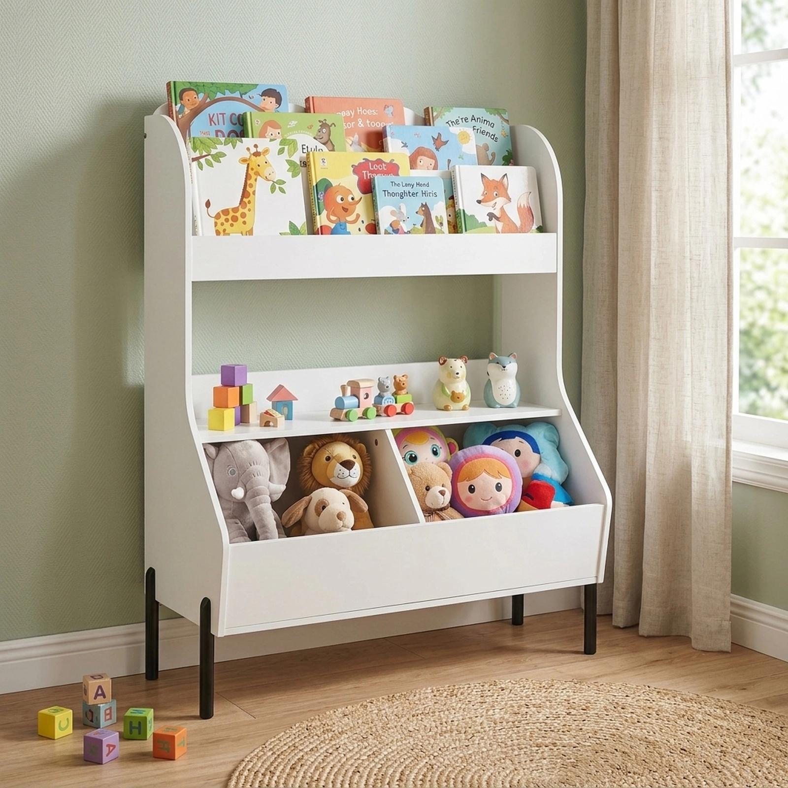 SUGIFT Kids 2-Tier Book Display Open Shelf 2 Storage Bins Metal Legs Wooden Bookshelf 31.5-in x 16-in x 41.5-in White