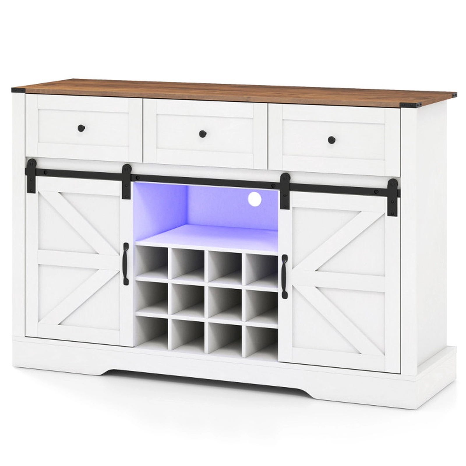 SUGIFT 52-in 240-lb Shelf Liquor and Wine Cabinet with LED Lights Remote Control and Sliding Barn Doors