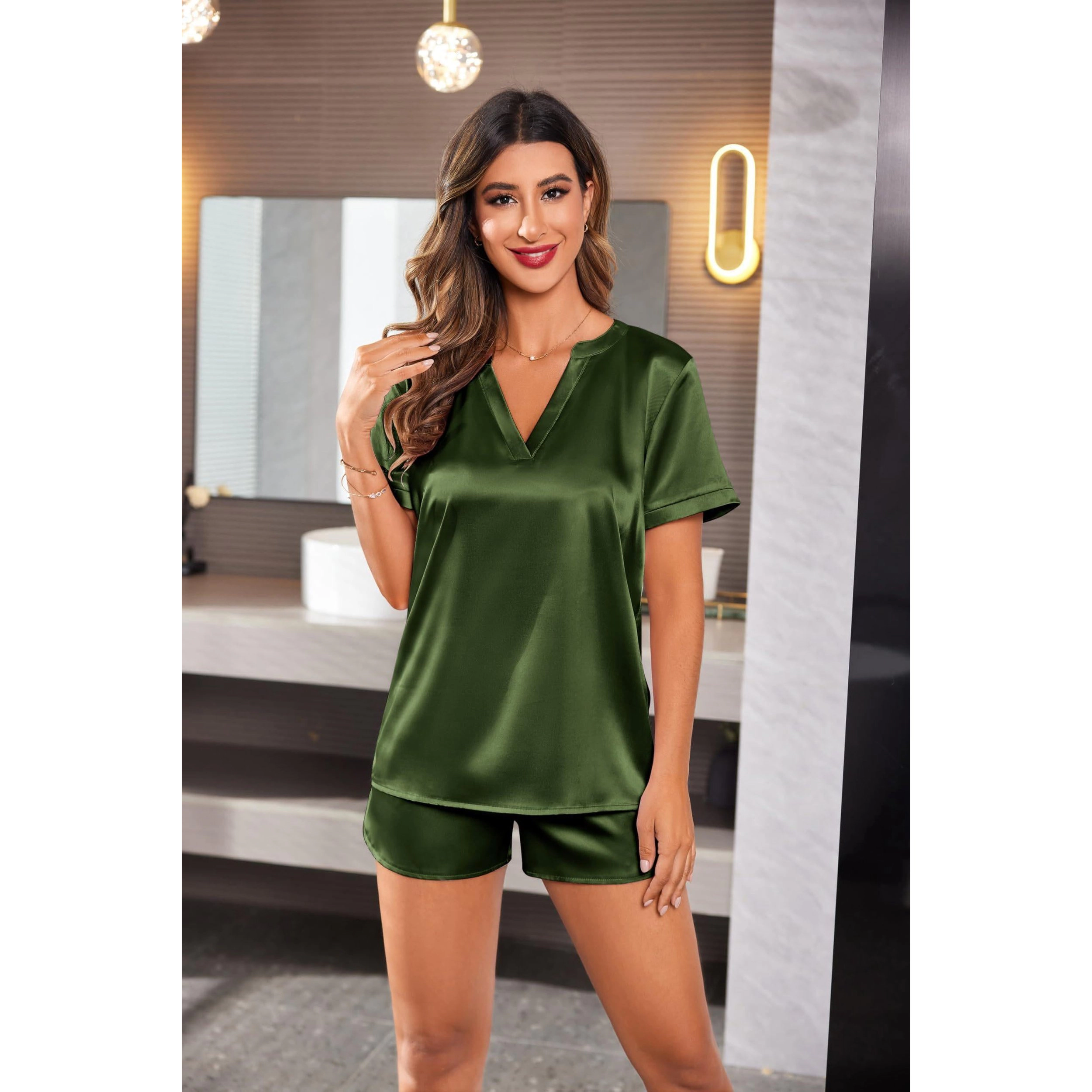 Ekouaer Silk Pajamas for Women Short Sleeve Sleepwear Two piece Pjs Set Soft V Neck Loungewear
