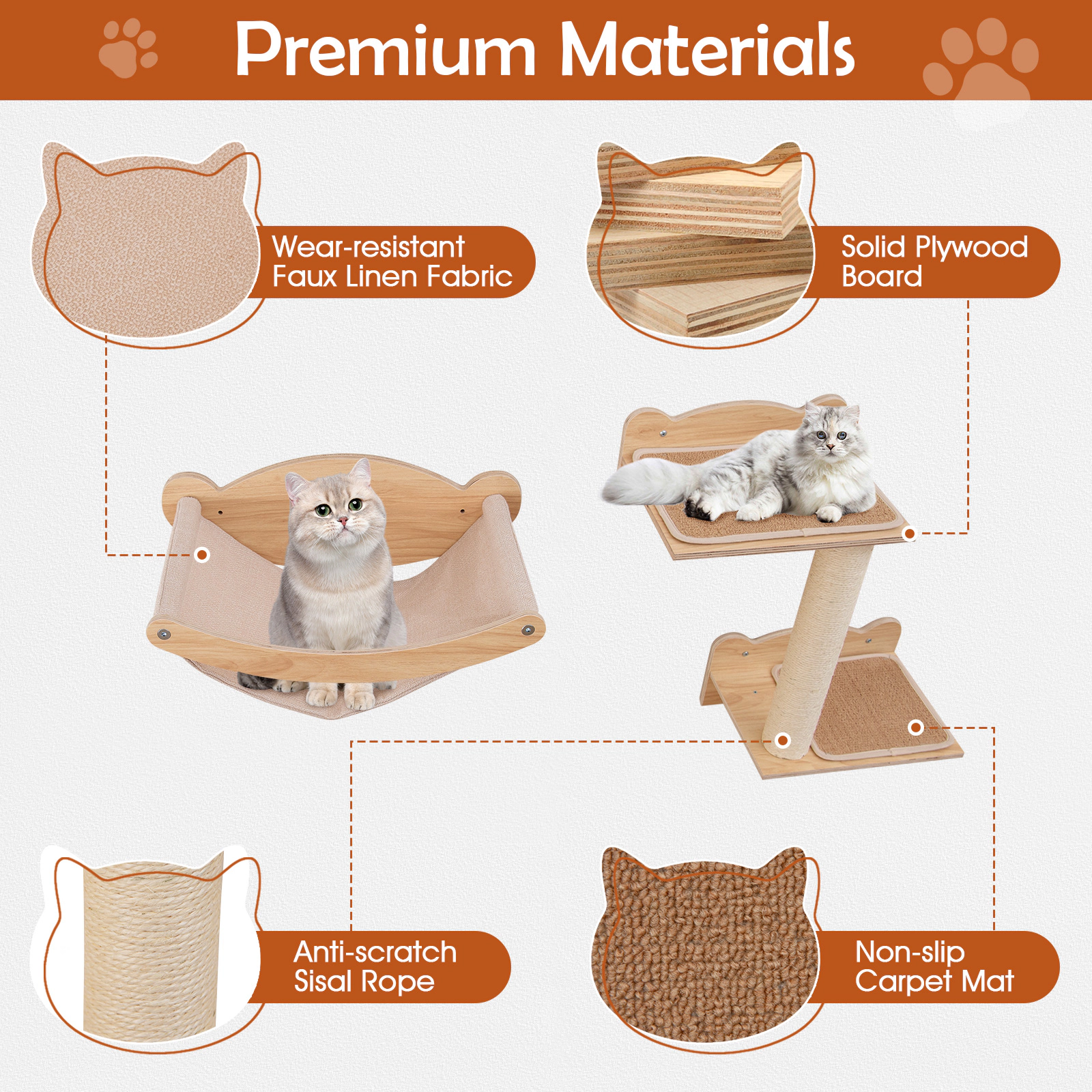 SUGIFT Wall-Mounted Cat Furniture 4-Piece Set with Hammock, 2-Step Cat Tree and Perch 22-lb Capacity Natural