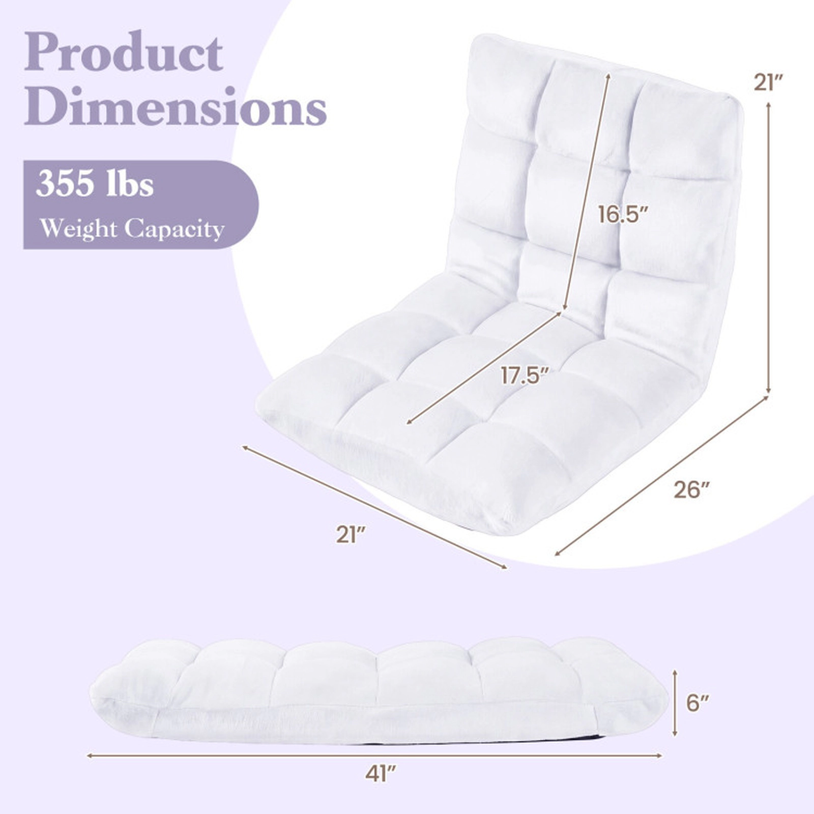 SUGIFT 14-Position 102-180 Degree Recline Padded Flannel Floor Chair 41.5-in x 22-in x 6-in 200-lb Capacity White