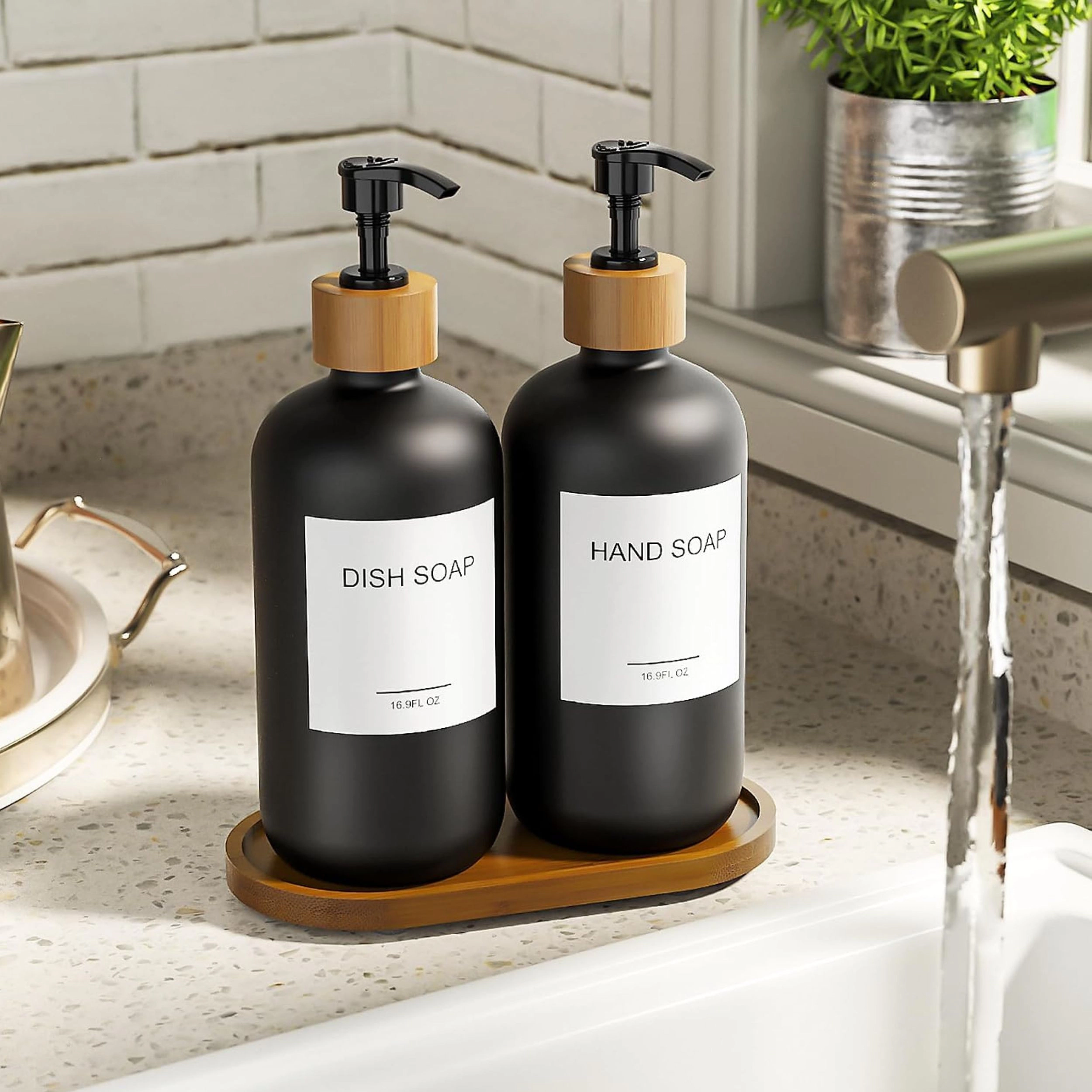 Stock Preferred Pack of 2 Soap and Lotion Dispenser Set with Wooden Pumps Tray