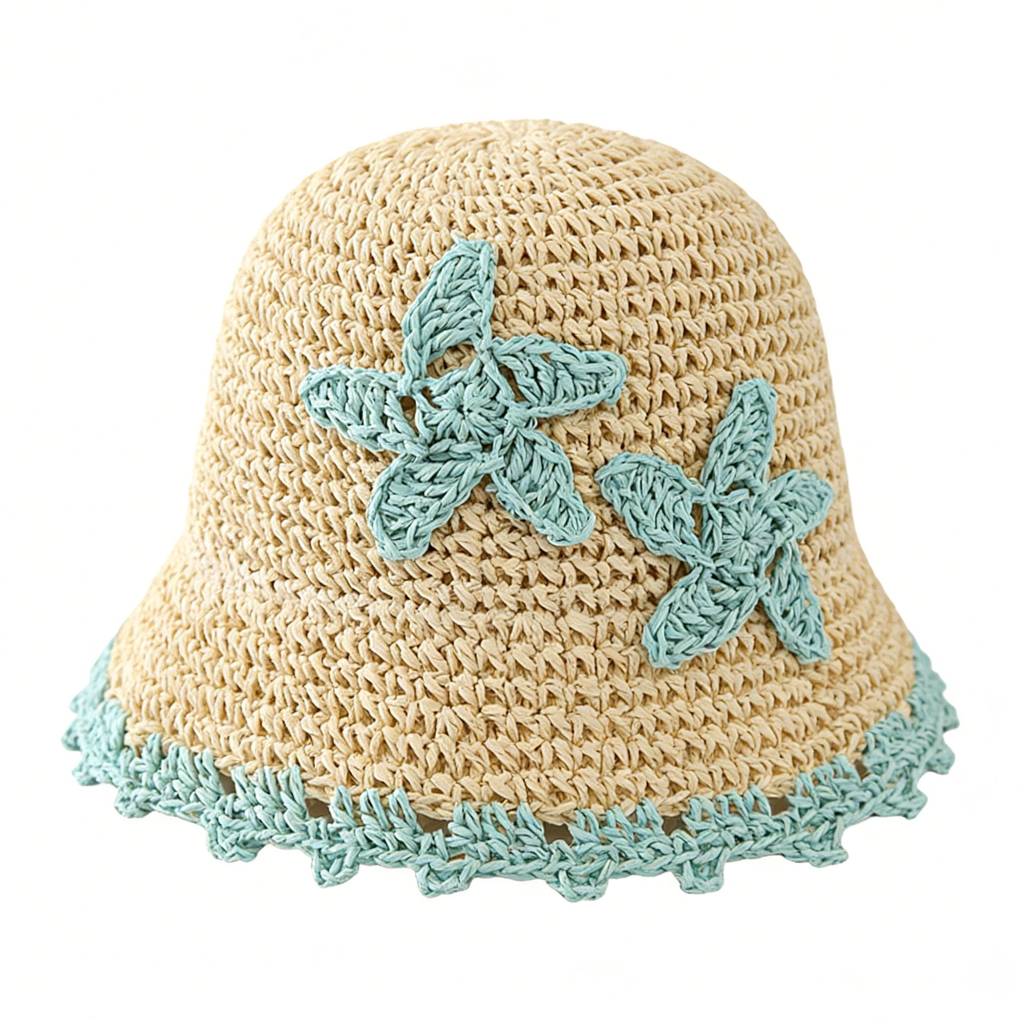 Anna-Kaci Women's Women Woven Straw Bucket Hat Wide Brim Lightweight Sun with Floral Applique Detail