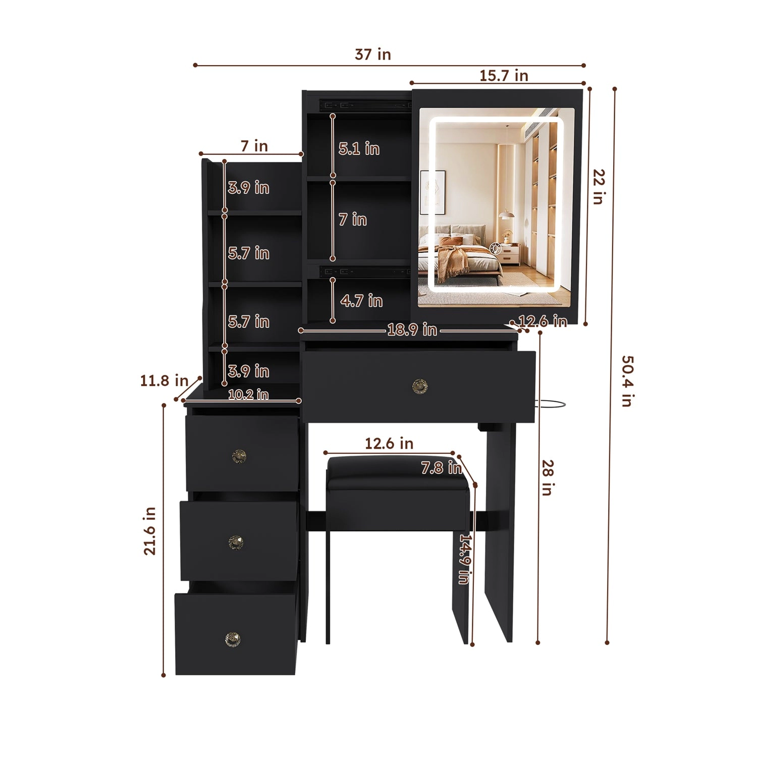 GBruno Lighted 4-Drawer Vanity Desk With Stool
