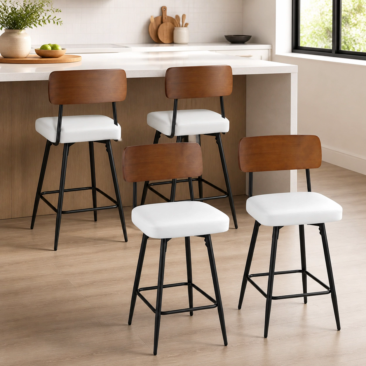 SUGIFT Set of 4 27-Inch Counter-Height Swivel Stools, Waterproof PU Seats, Curved Wood Backs
