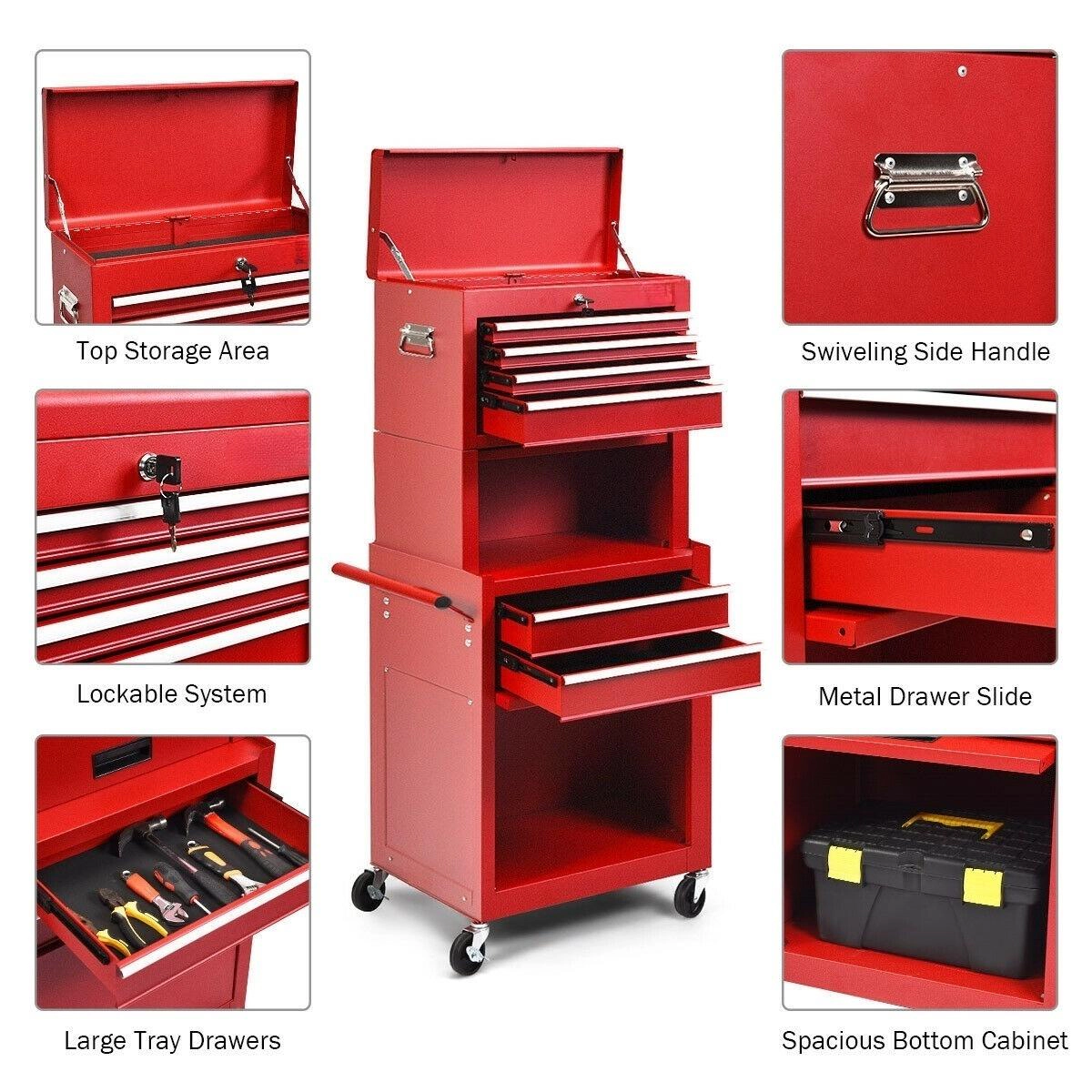 SUGIFT 52-in 6-Drawer 200-lb Capacity Rolling Tool Chest Cabinet Box on Wheels with Detachable Lockable Top Box