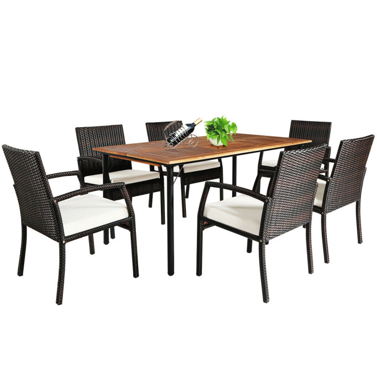 Hivvago 7 Pieces Patio Rattan Cushioned Dining Set With Umbrella Hole