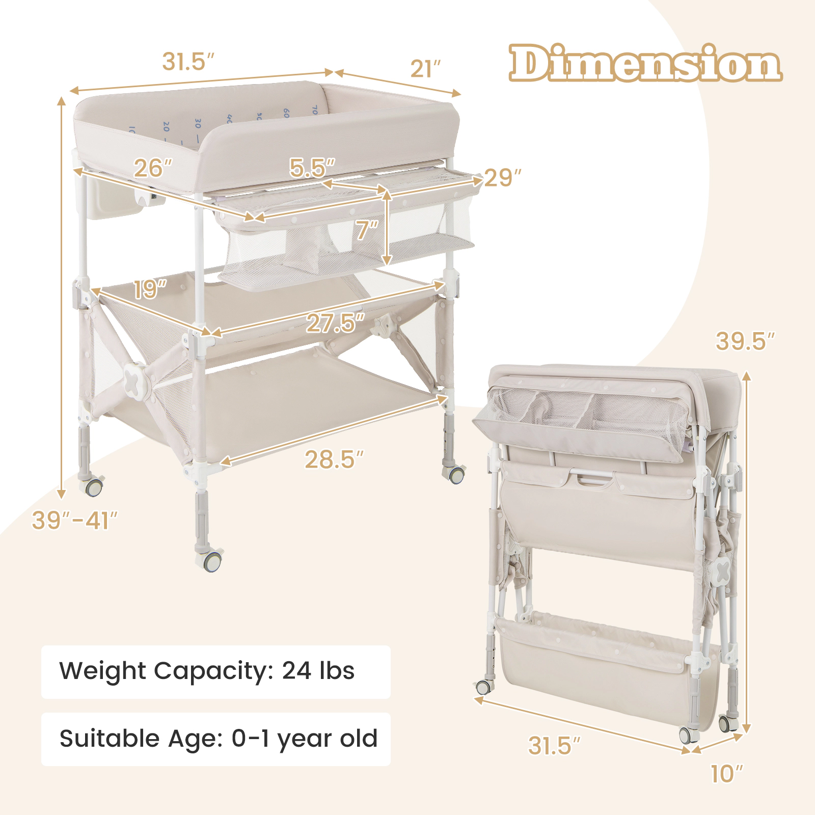 SUGIFT Portable Baby Changing Table with Wheels & Large Storage Rack 24-lb Capacity Ages 0-1 Adjustable Height Gray/Pink