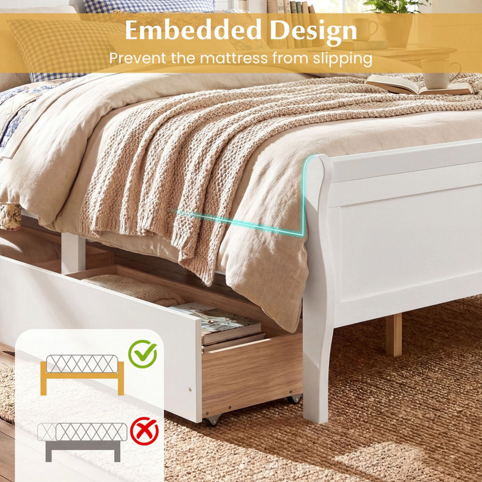SUGIFT Modern Headboard Queen Bed Frame with 2 Storage Drawers and Footboard 350-Lb Capacity White