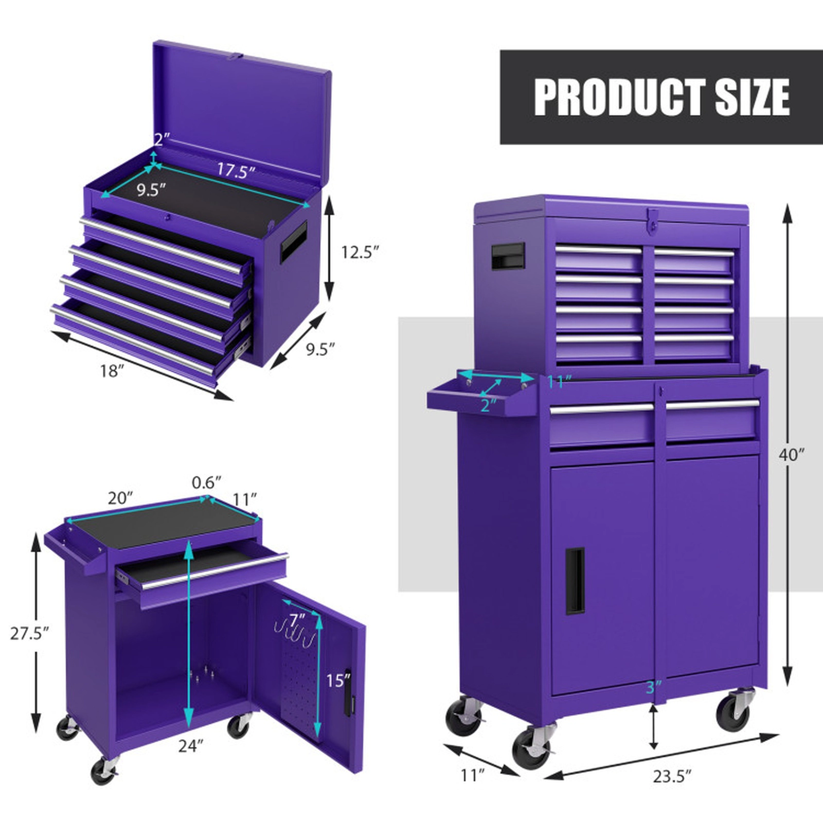 SUGIFT 2-in-1 Rolling Tool Chest with 5 Sliding Lockable Drawers 220.5-lb Total Capacity Steel Construction