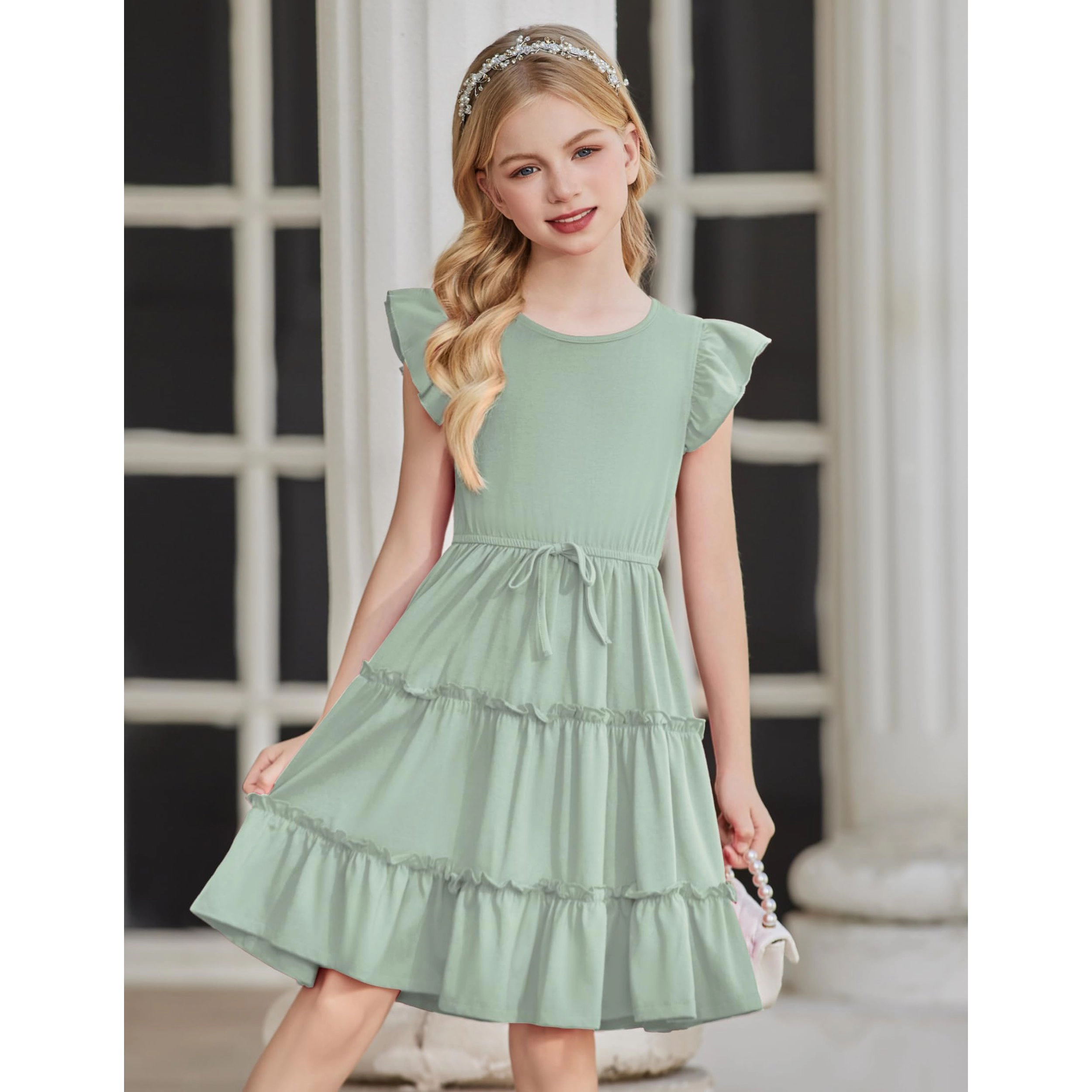 Arshiner Girls Ruffle Sleeve Dress Tiered Swing Casual Summer