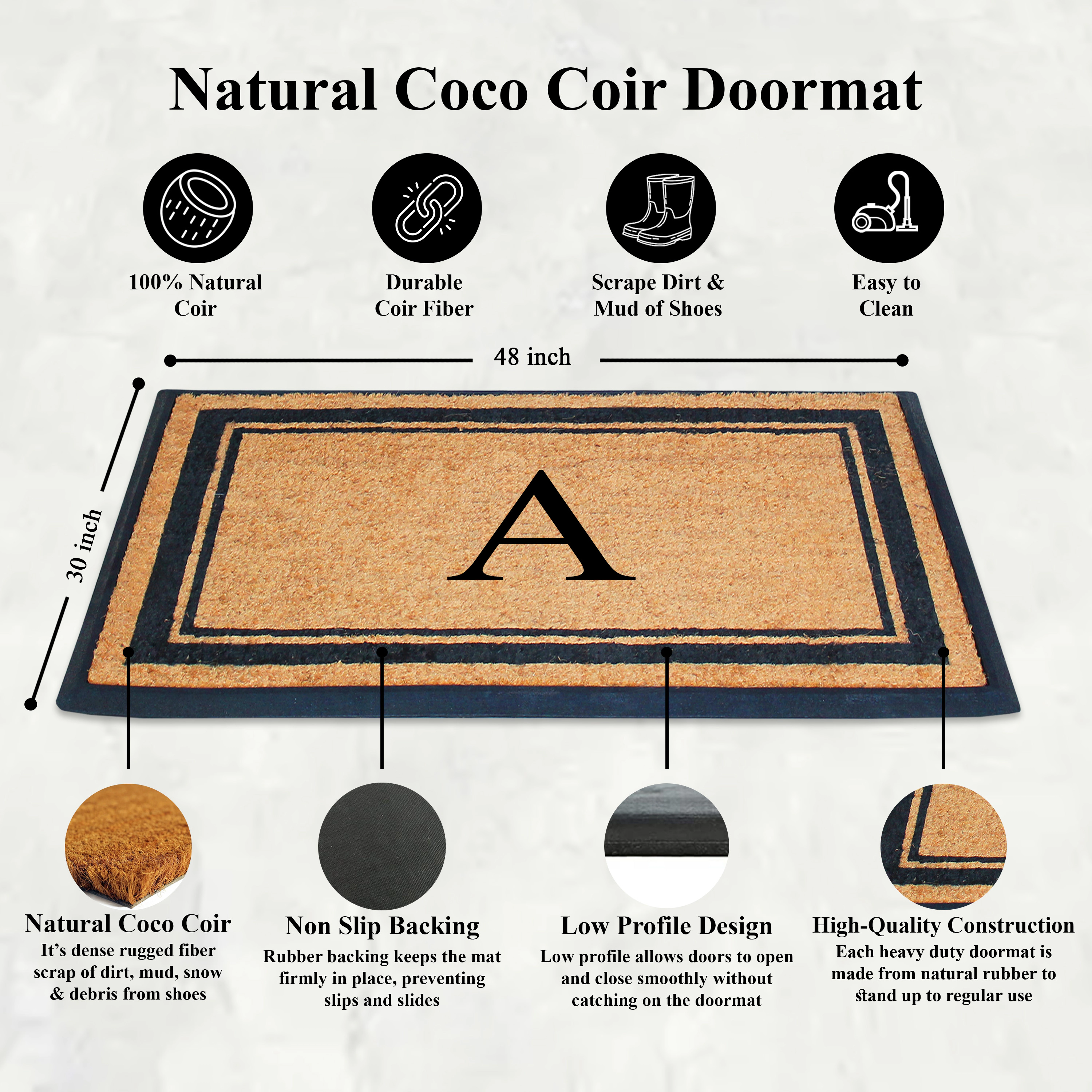 A1 Home Collections Natural Coir & Rubber Front Door Mat Heavy Duty Outdoor Doormat 30 x 48 Letter M