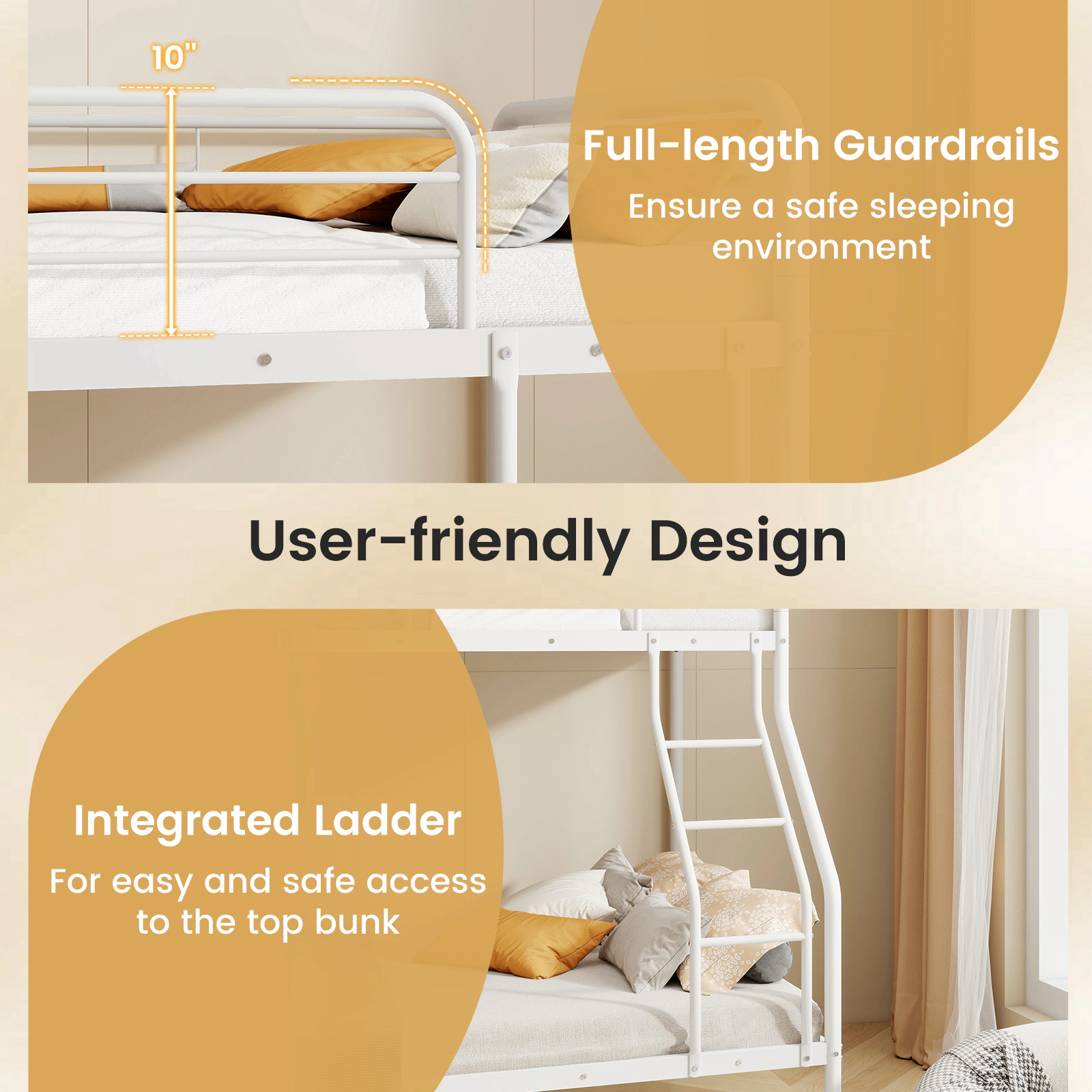 SUGIFT White Ladder and Full-Length Guardrails Twin Over Full Teens Metal Bunk Bed