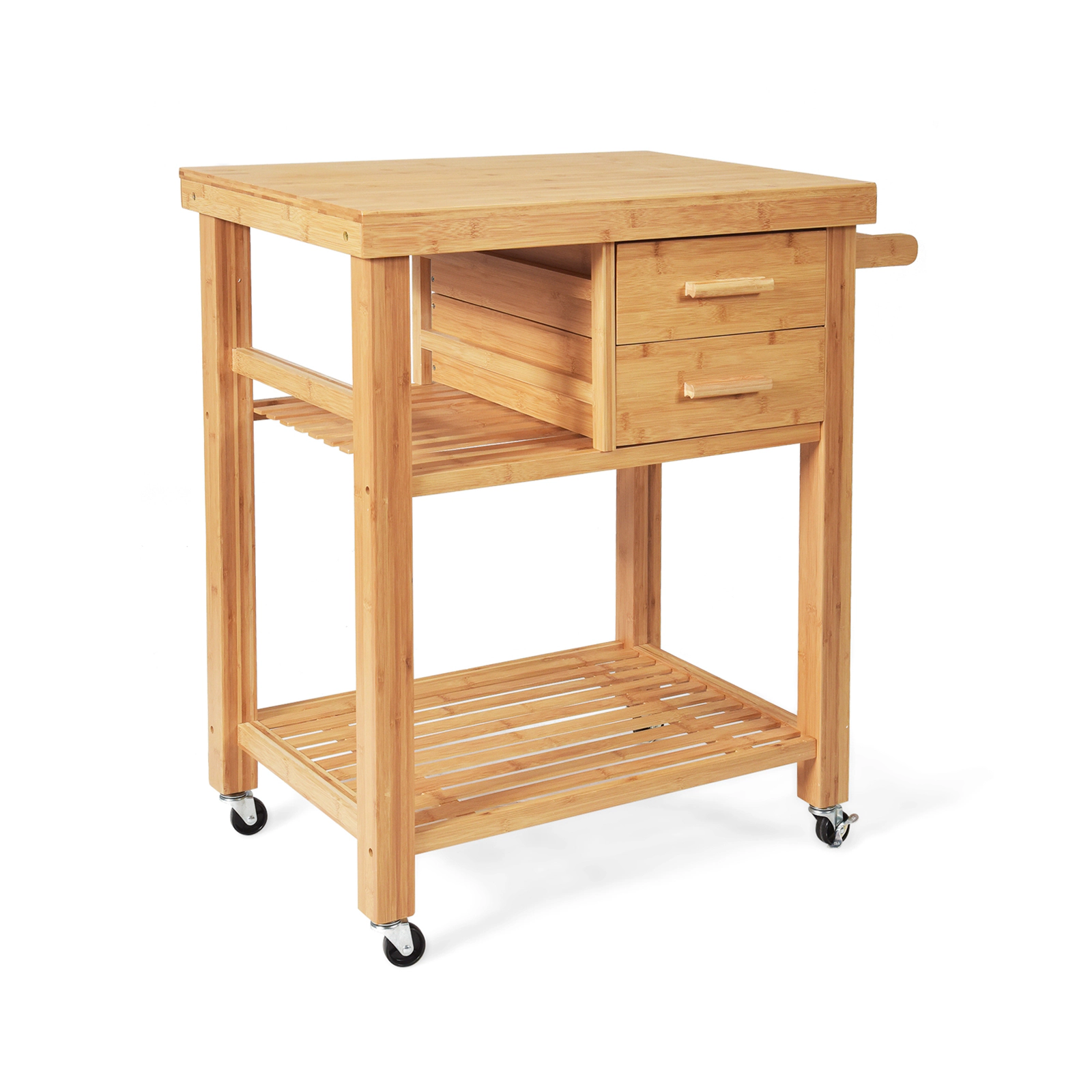 SUGIFT Bamboo Kitchen Trolley Cart Natural with Tower Rack Drawers and Casters