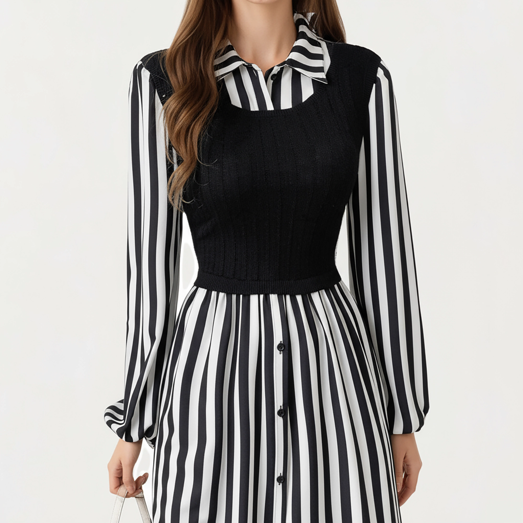 Anna-Kaci Women's Long Sleeve Striped Button Front Knit Vest Overlay Collared Neck Midi Dress