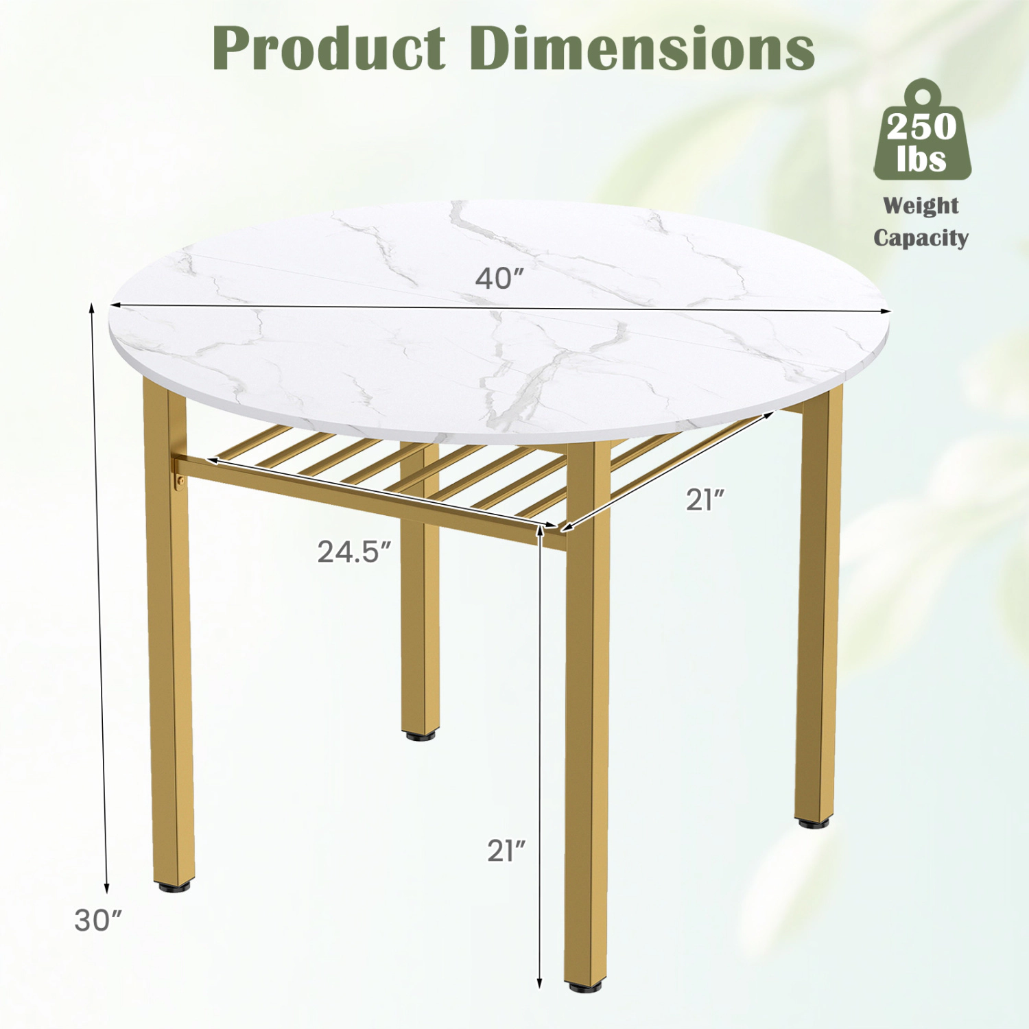SUGIFT 40-in Round Kitchen Table with 8-in Storage Shelf and Metal Frame 250-lb Capacity 30-in Tall White + Gold
