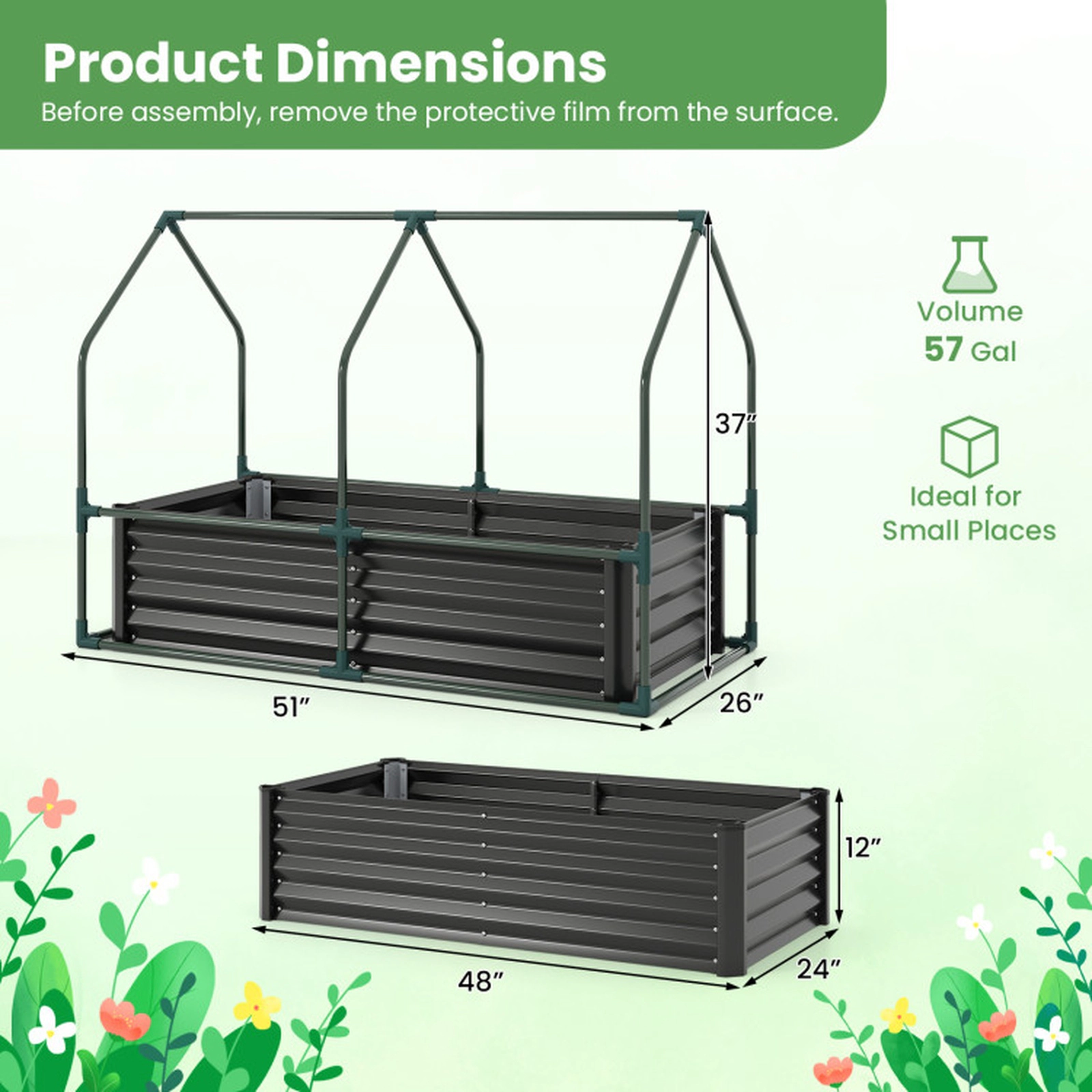 SUGIFT Black Small Galvanized Raised Garden Bed with PVC Greenhouse Cover 4-ft W 2-ft D 3-ft H 57-Gal Capacity