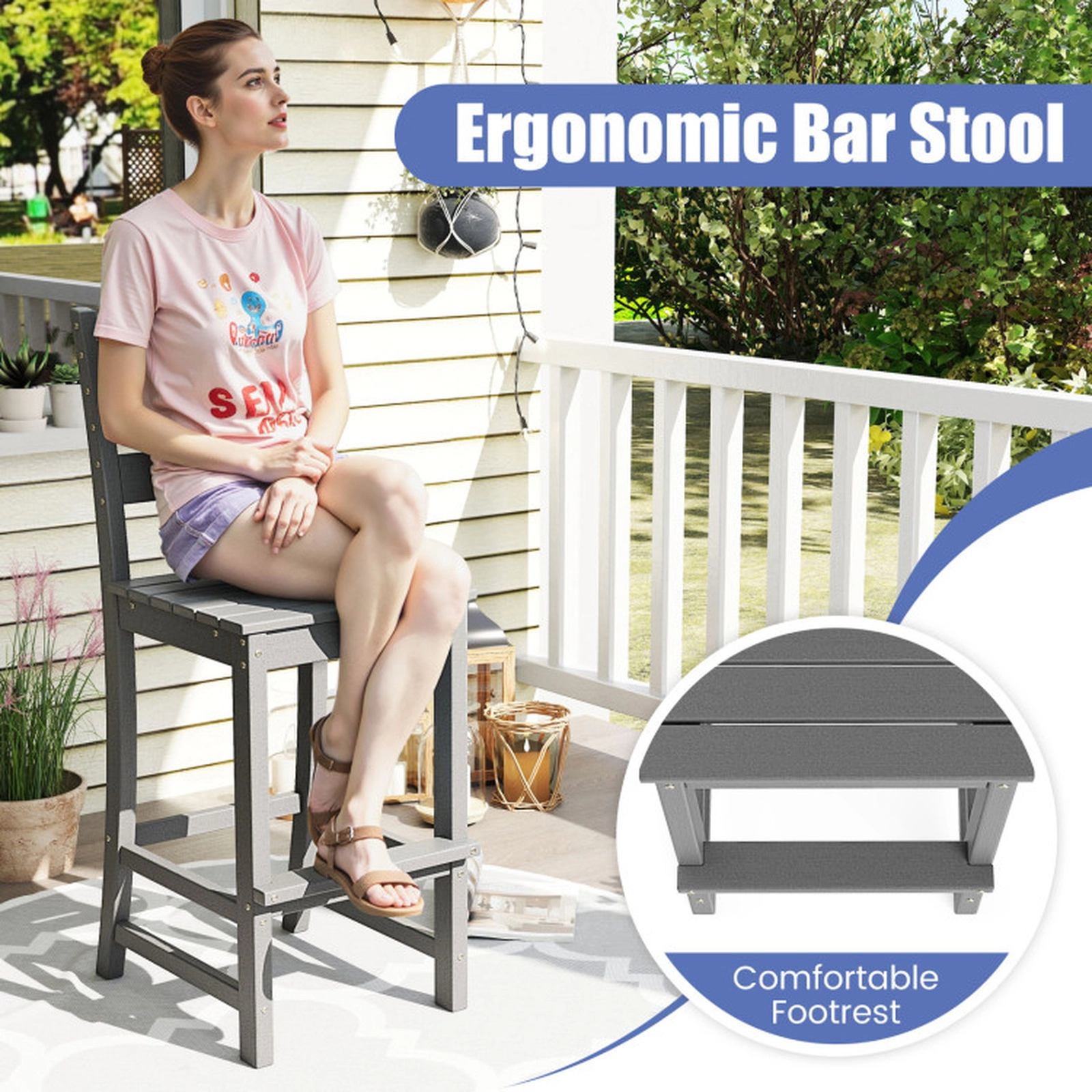 SUGIFT Gray Backs Set of 2 30 Inch HDPE Outdoor Counter Height Bar Stools