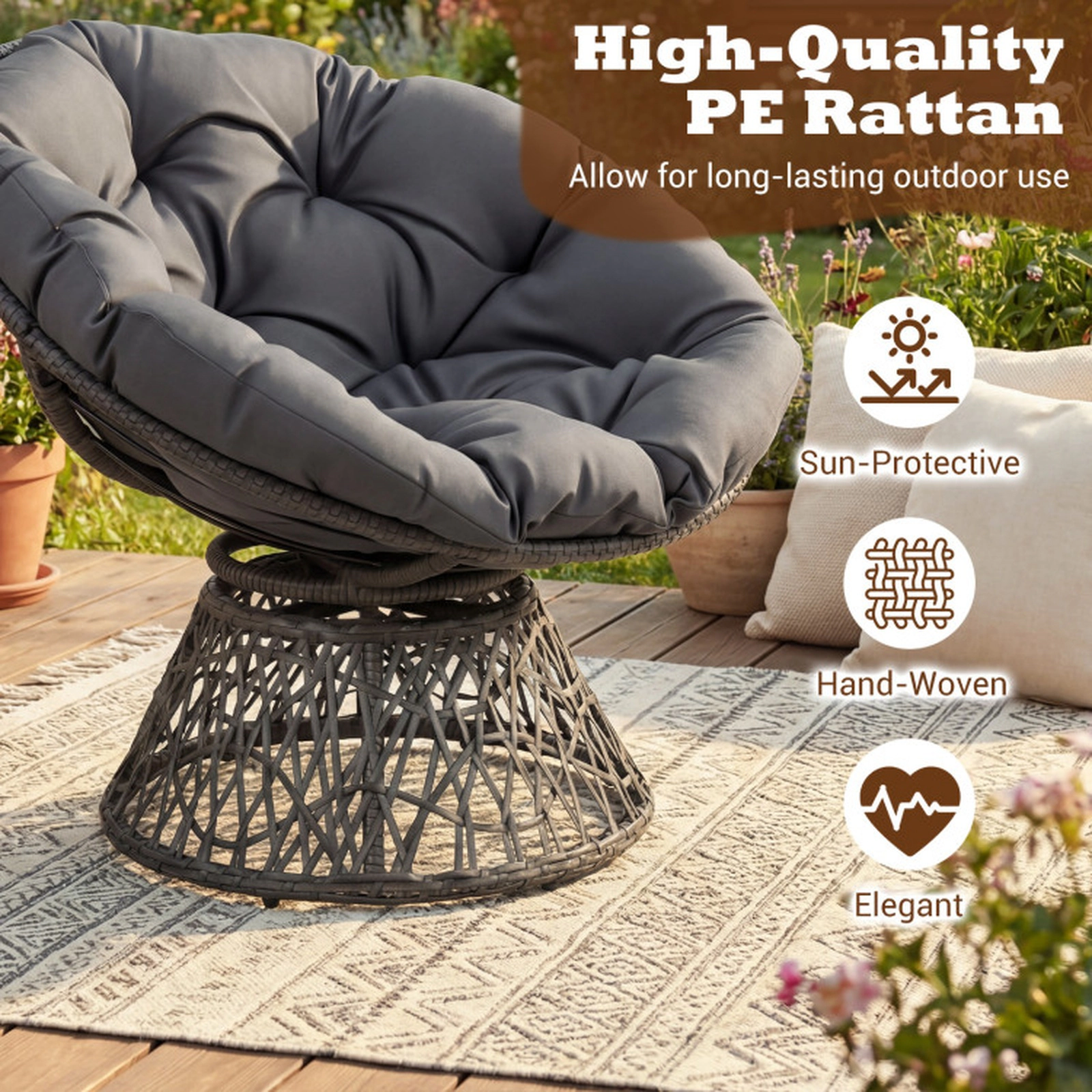 SUGIFT 360-Degree Swivel PE Rattan Cushioned Round Papasan Lounge Chair 32.5-in x 37-in x 33-in 350-lb Capacity Gray