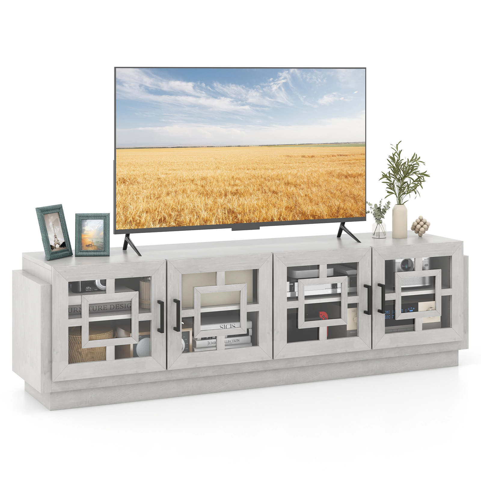 LJG 4-Door TV Stand for TVs up to 75 Inch Media Console Table with Adjustable Shelves
