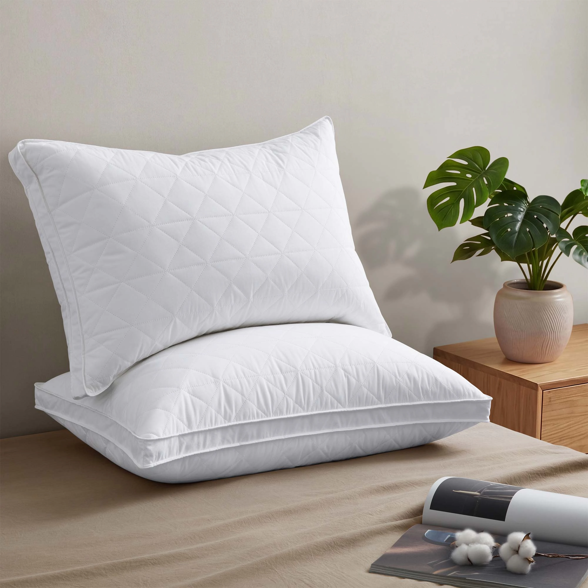 PEACENEST Cotton Wave Quilted High Loft Goose Feather Pillow Set