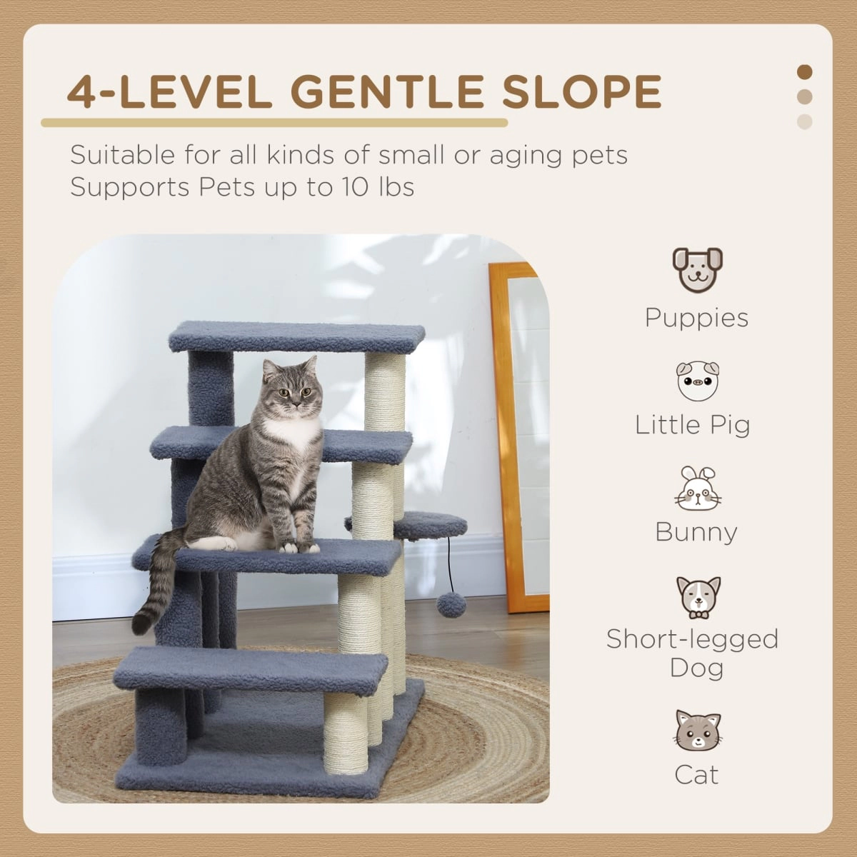 212 Main Paw Hut 4 Levels Cat Steps with Scratching Posts for High Bed, Sofa - Gray
