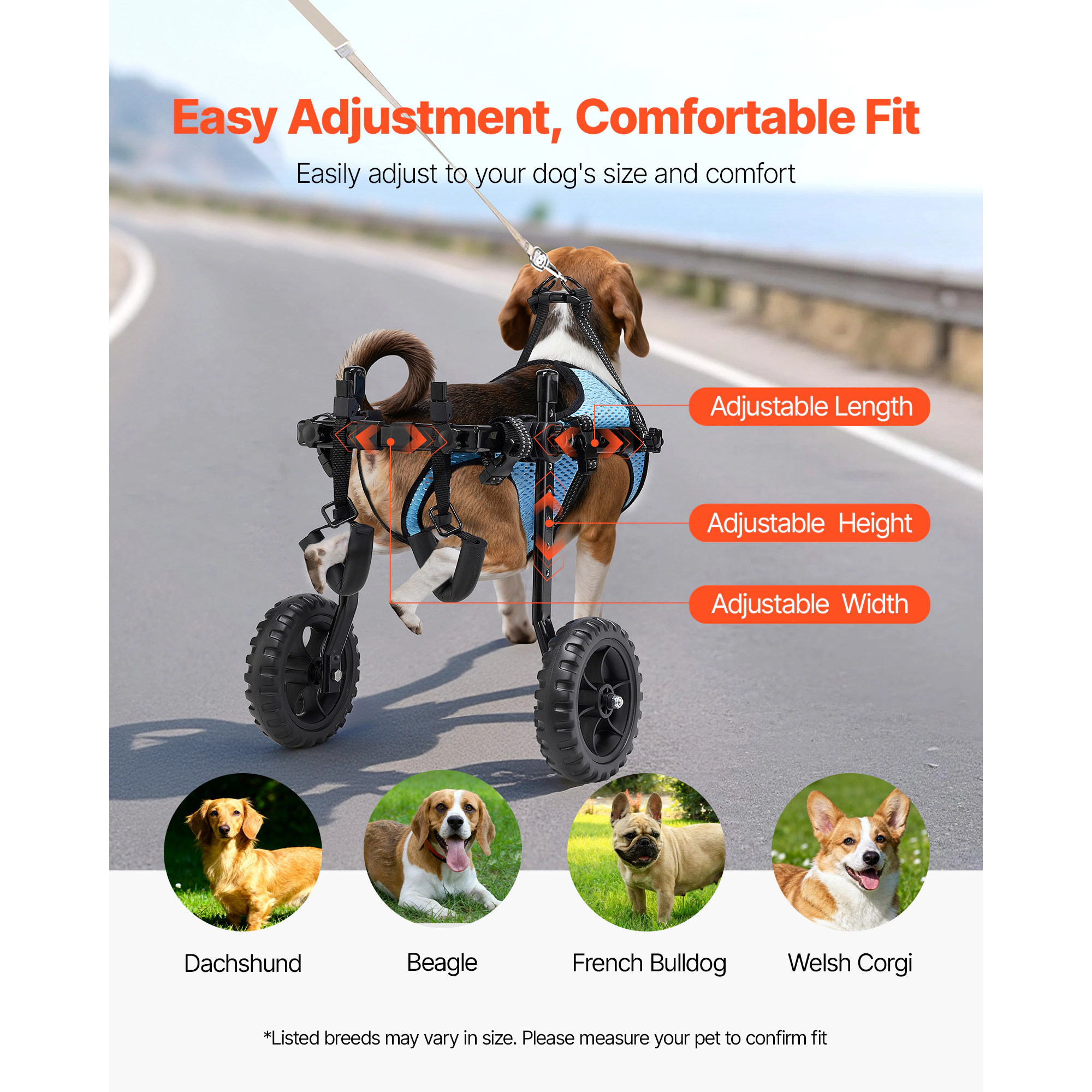 HONGGE Dog Wheelchair for Back Legs Adjustable 2 Wheels Pet Wheelchair Lightweight Dog Cart with Shock-Absorbing Wheels