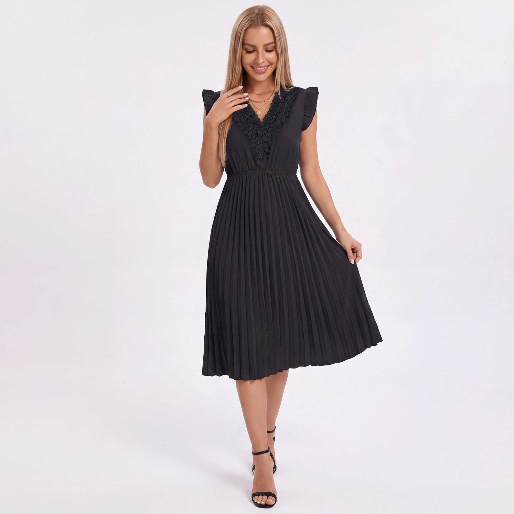 Anna-Kaci Women's Ruffled Lace Trim Pleated Midi Dress