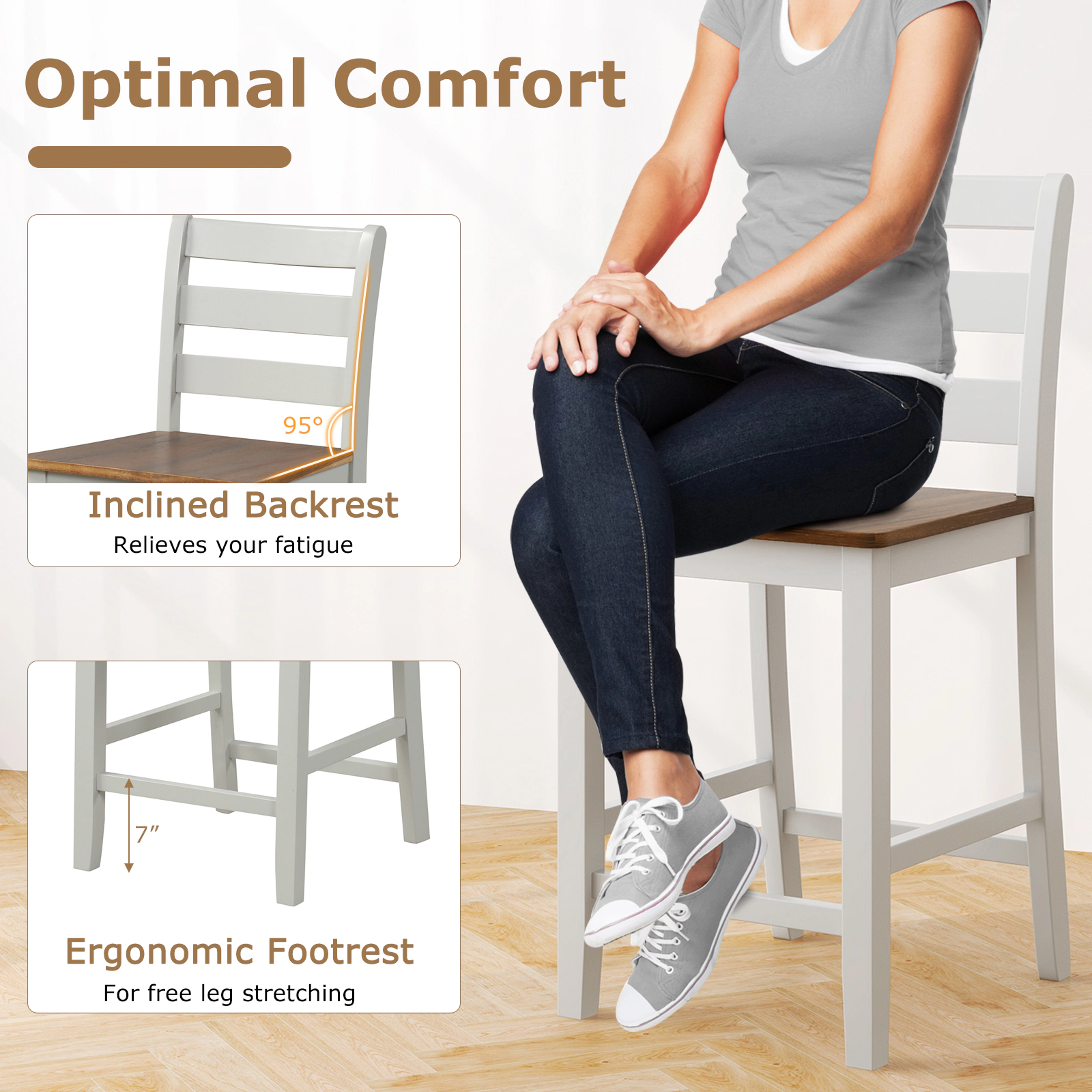 SUGIFT Set of 2 Wooden Counter Bar Stools with Inclined Backrest and Footrest 400-lb Capacity Gray & Walnut