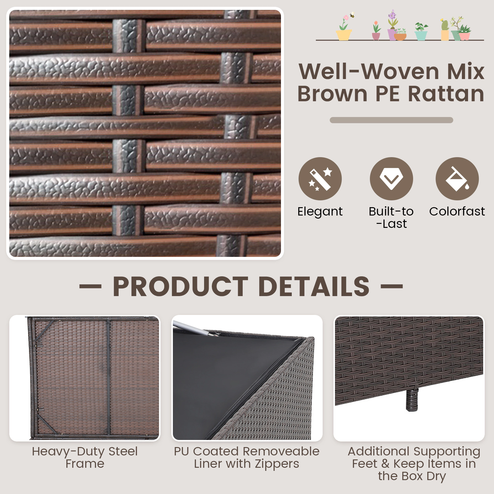 SUGIFT 133-Gal 165-lb Top Capacity Rattan Wicker Outdoor Storage Box with Waterproof Zippered Liner and Wheels