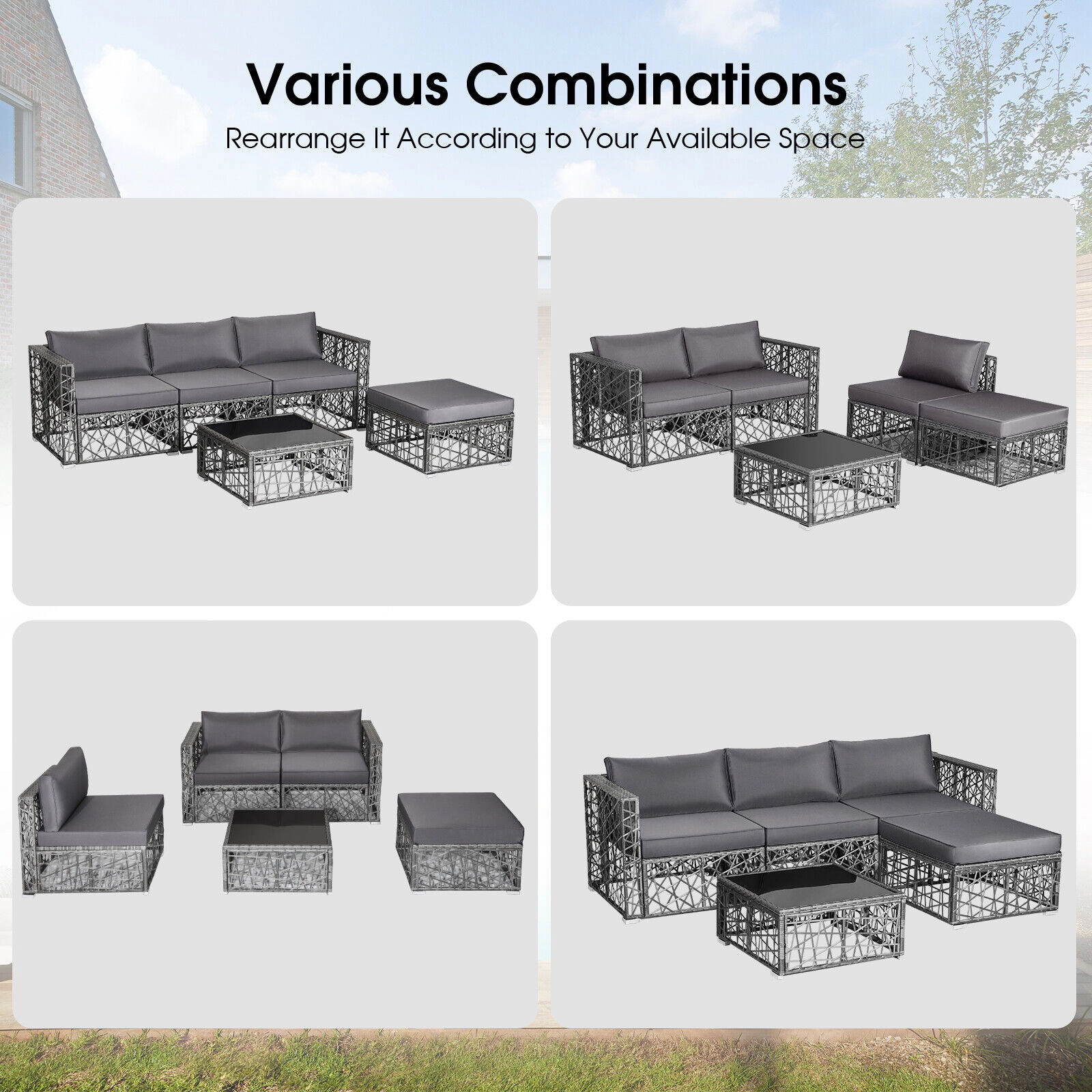 LJG 5 Pieces Patio PE Rattan Wicker Sofa Furniture Set