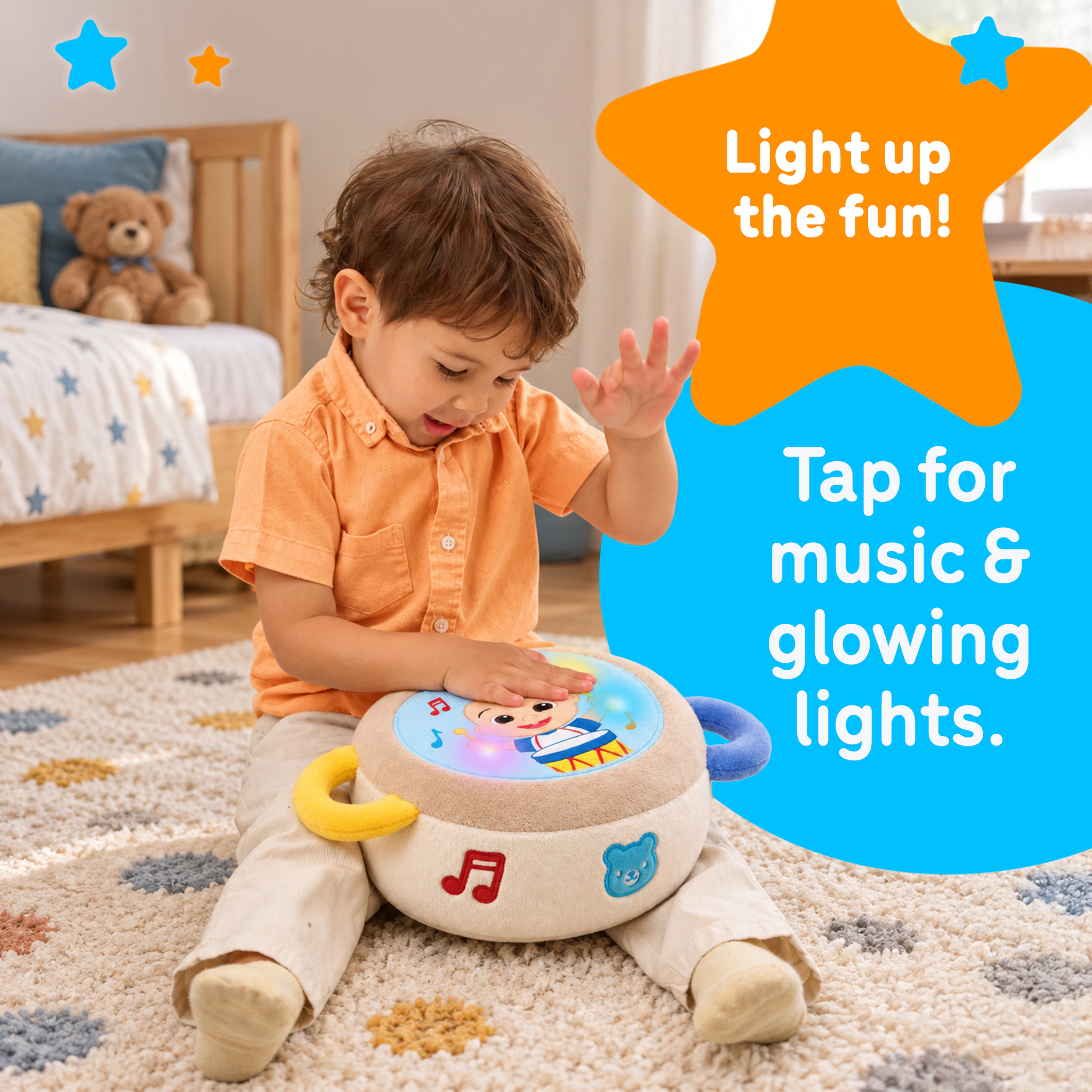 CoComelon Kids JJ Plush Drum - Soft Musical Tap Drum Toy with Sing-Along Songs