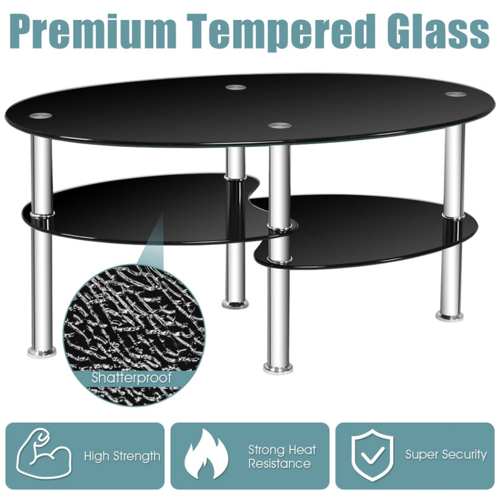 SUGIFT Tempered Glass Oval Side Coffee Table with 2 Shelves 90-lb Top Capacity 35-in Long Black/Transparent