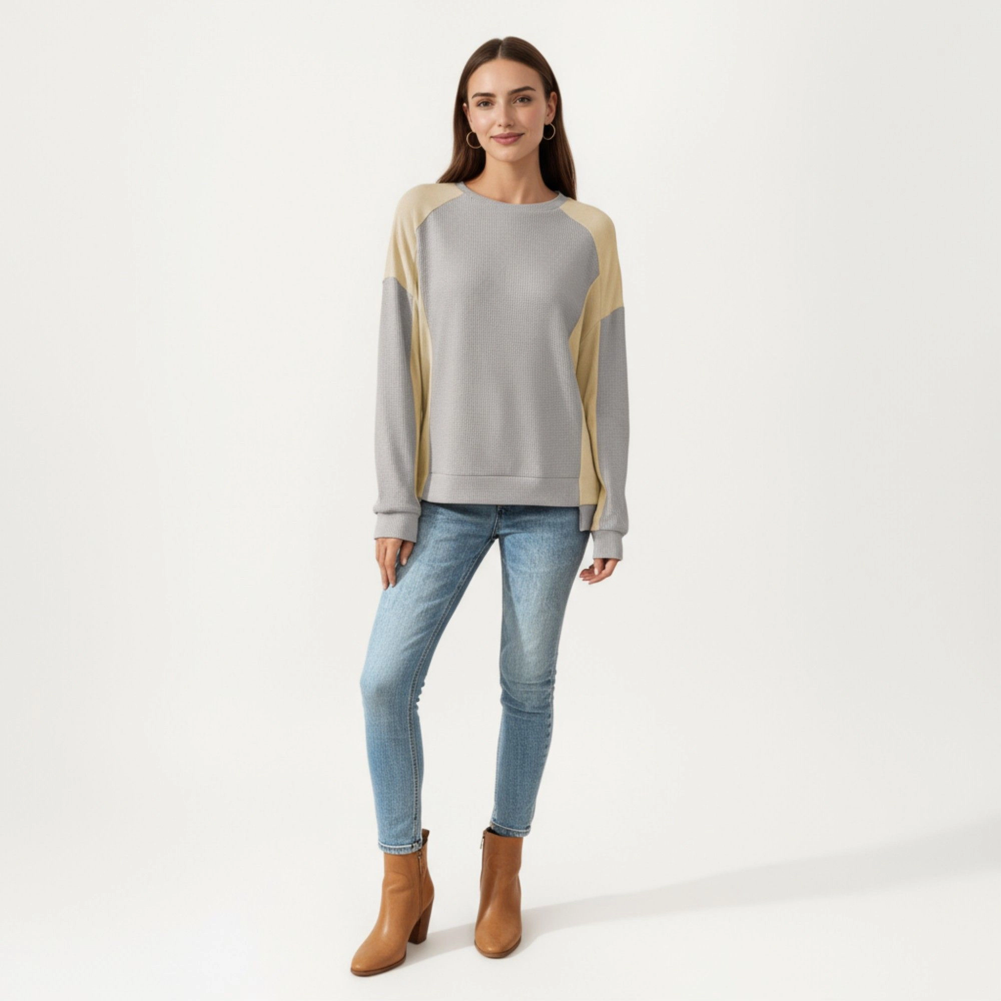 Anna-Kaci Women's Colorblock Crew Neck Relaxed Fit Long Sleeve Pullover Top