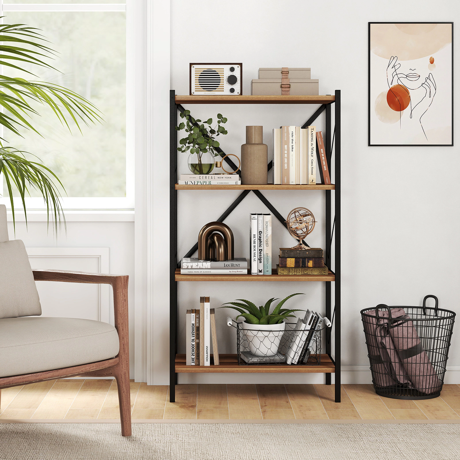 Costway 4-Tier Bookshelf Industrial Bookcase w/Heavy-Duty Metal Frame for Living Room Walnut