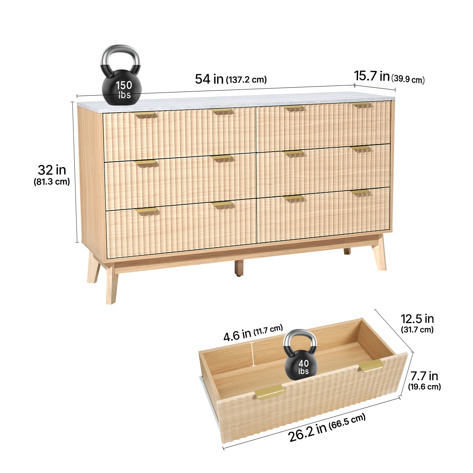 HONGGE Fluted Wooden Chest of Drawers with Sliding & Anti-tip Device