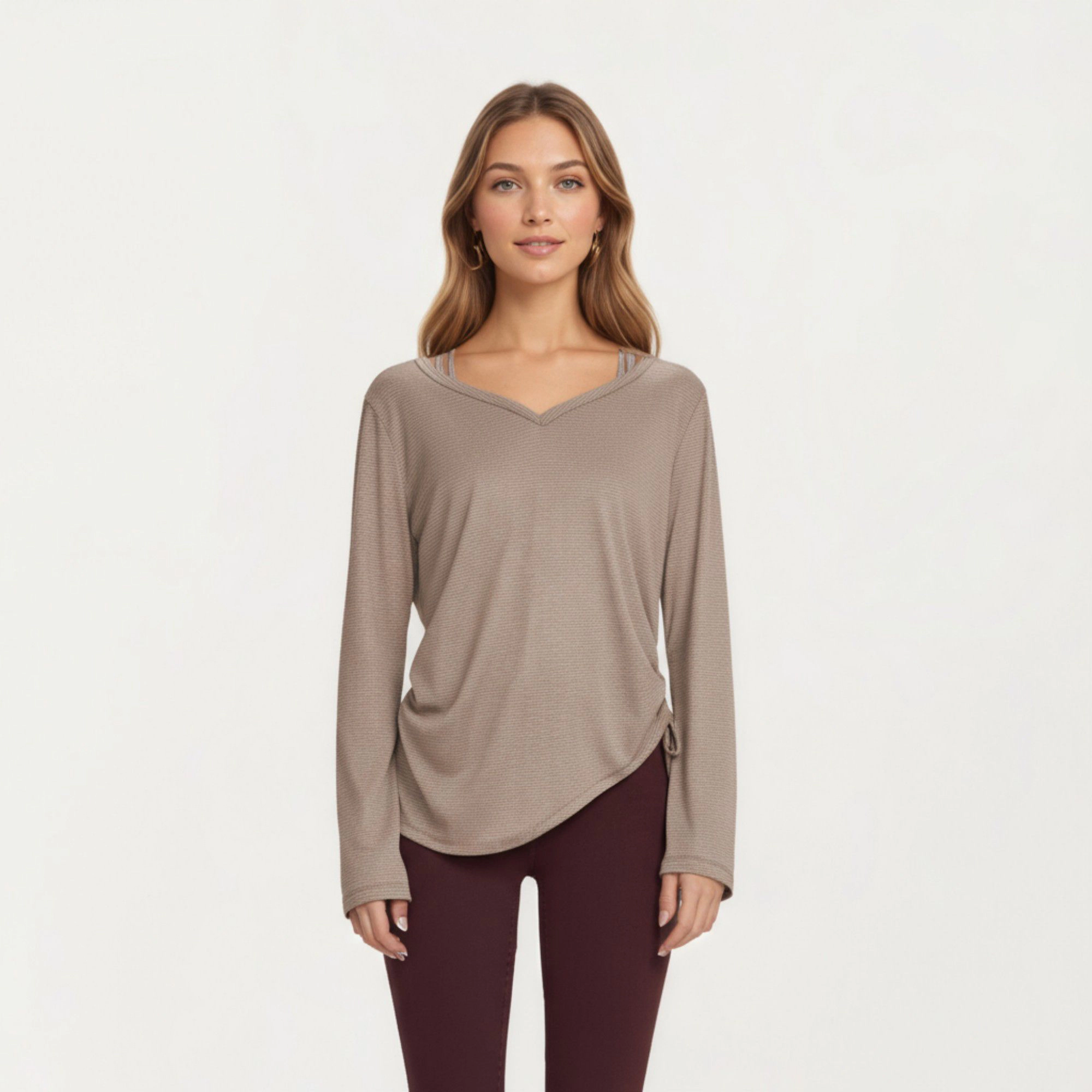 Anna-Kaci Women's Long Sleeve V Neck Top with Soft Textured Fabric Relaxed Draped Silhouette and Curved Hemline