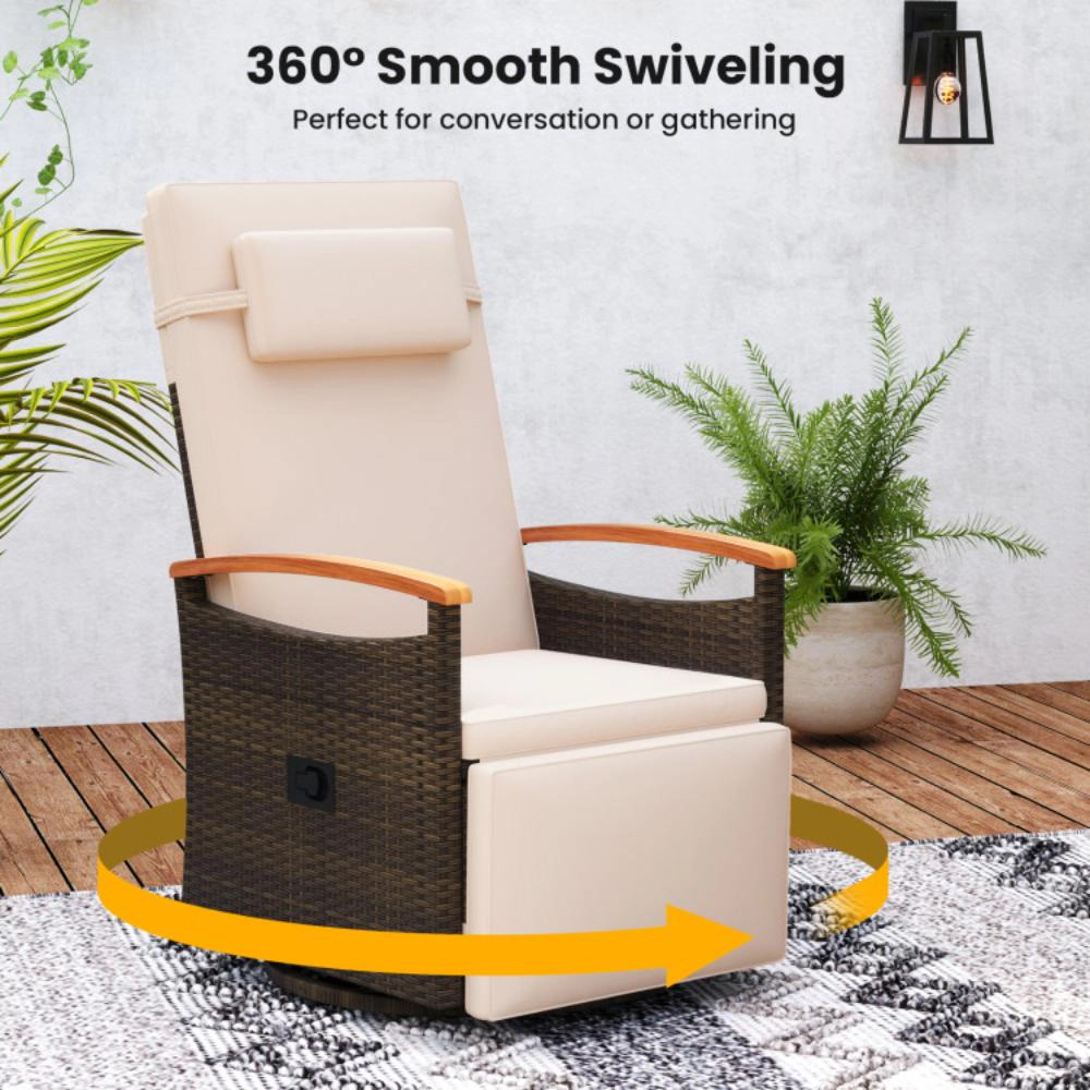 Hivvago Patio Rattan 360 Degree Swivel Recliner Chair With Adjustable Backrest And Footrest