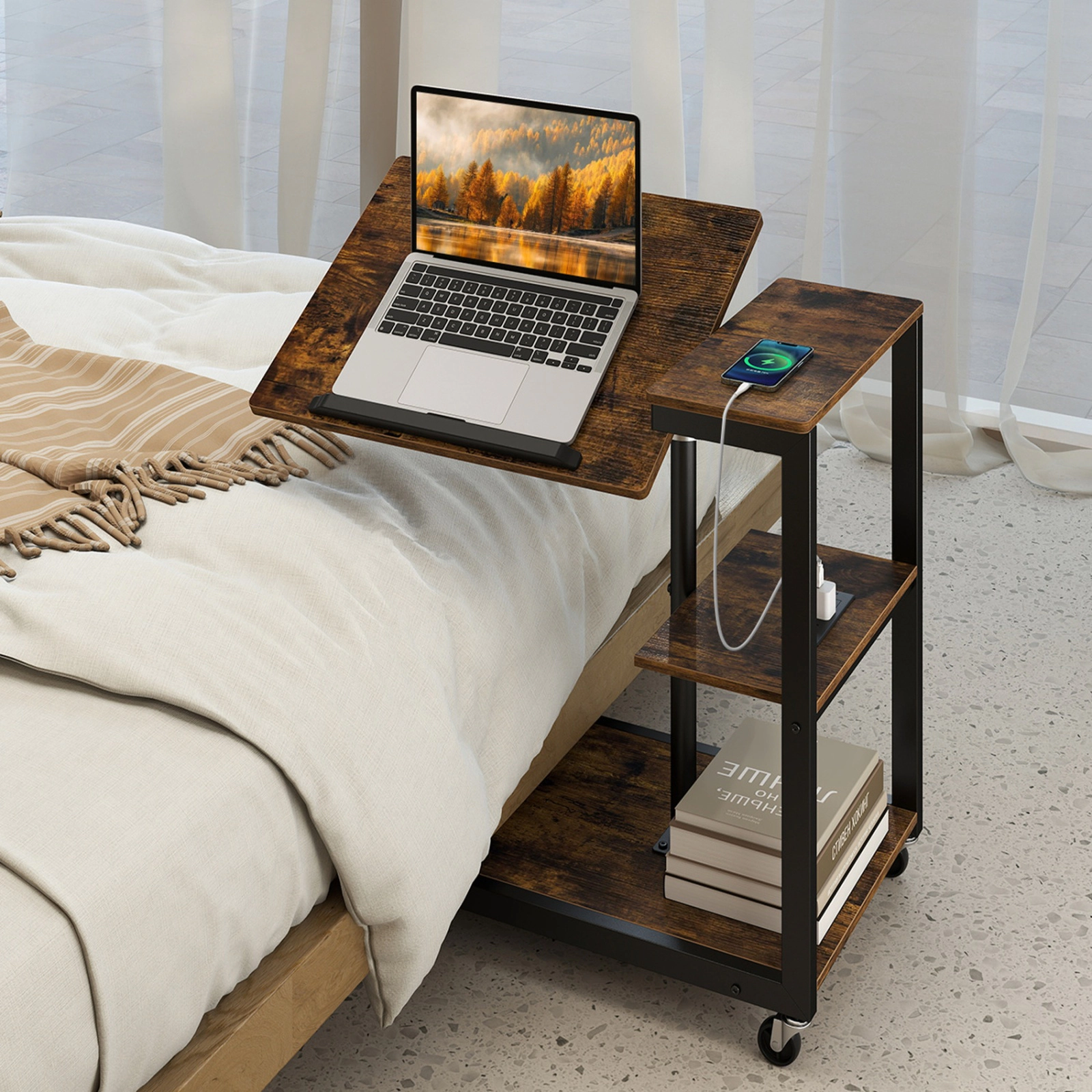 SUGIFT Set of 2 Charging Station Tilt Top 3-Tier C-Shaped Side Tables 26-in to 32.5-in 44-lb Capacity Rustic Brown