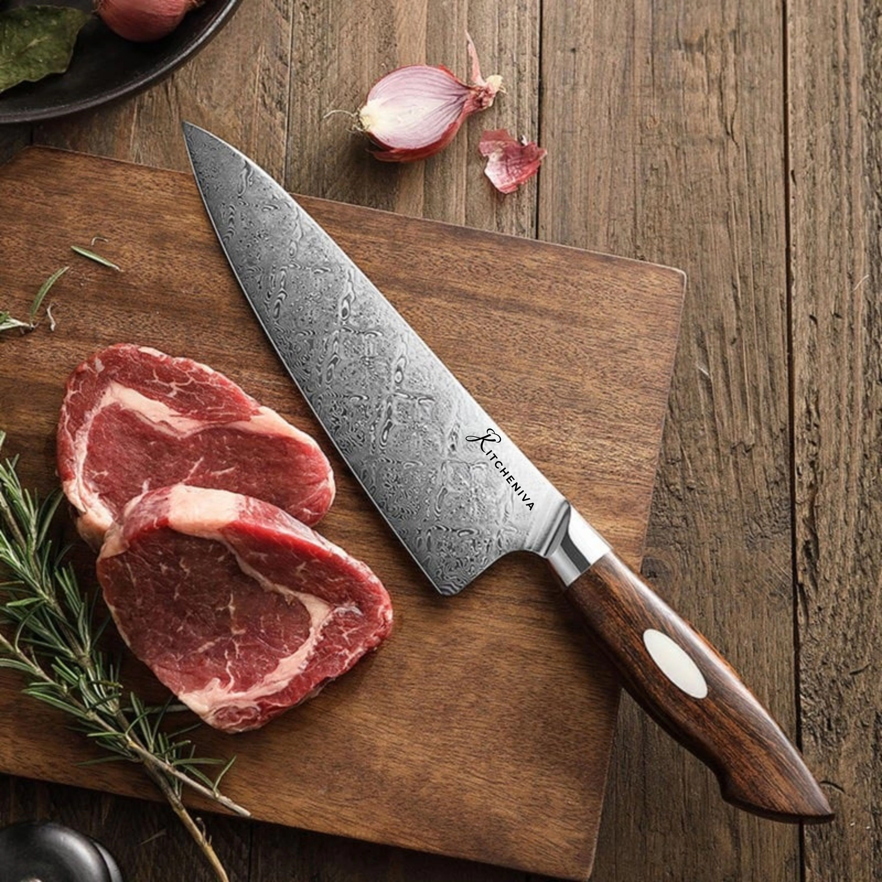 Kitcheniva 8-Inch Dual Core Damascus Steel Chefs Knife With Iron Wood Handle