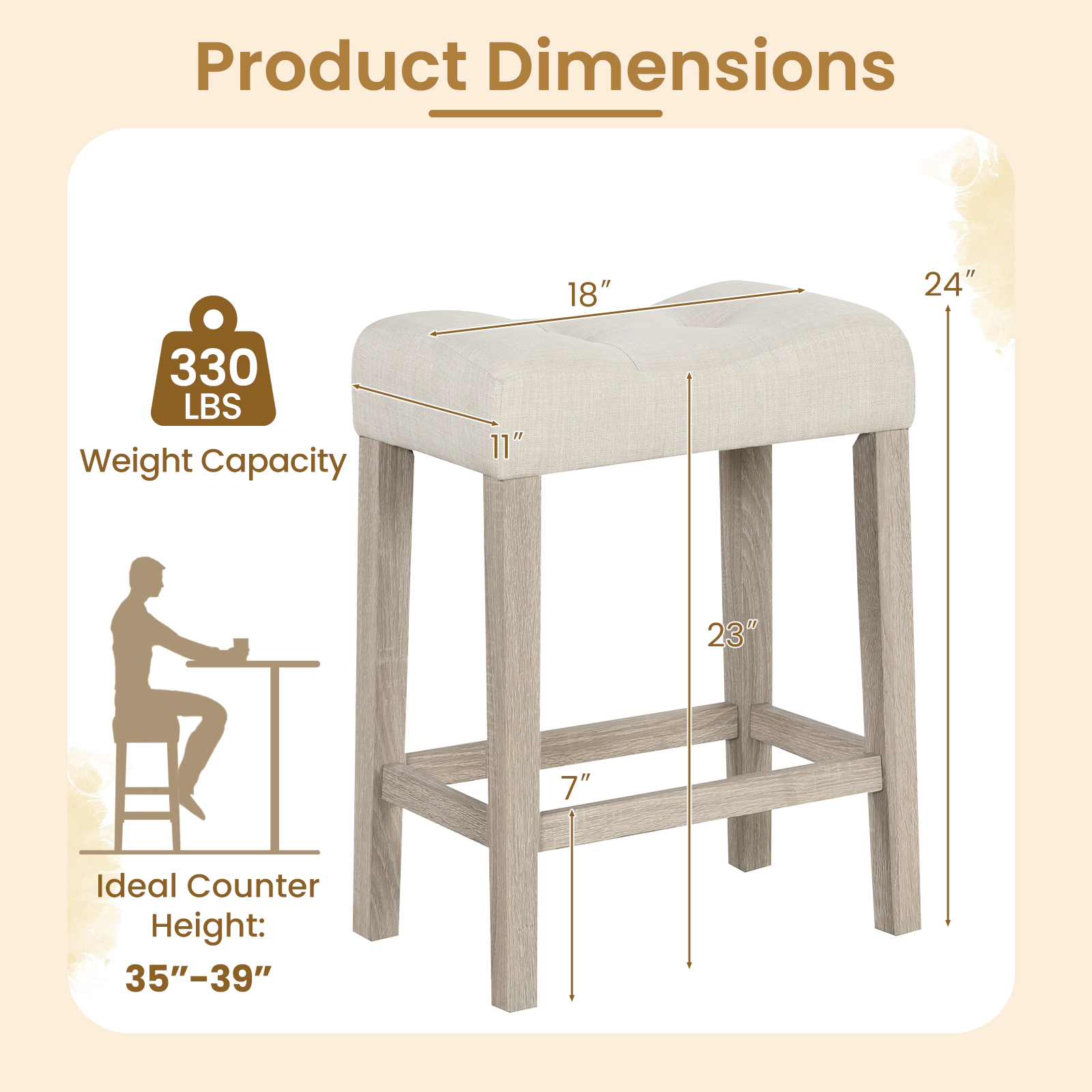 SUGIFT Set of 2 Upholstered Counter Height Bar Stools Curved Saddle Seat 330-lb Capacity 24-in Tall Light Gray/Brown
