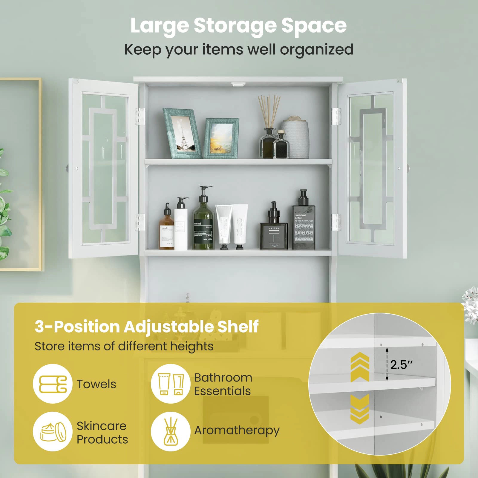 Glintex Over-the-Toilet Space Saver with Large Cabinet and Adjustable Shelf