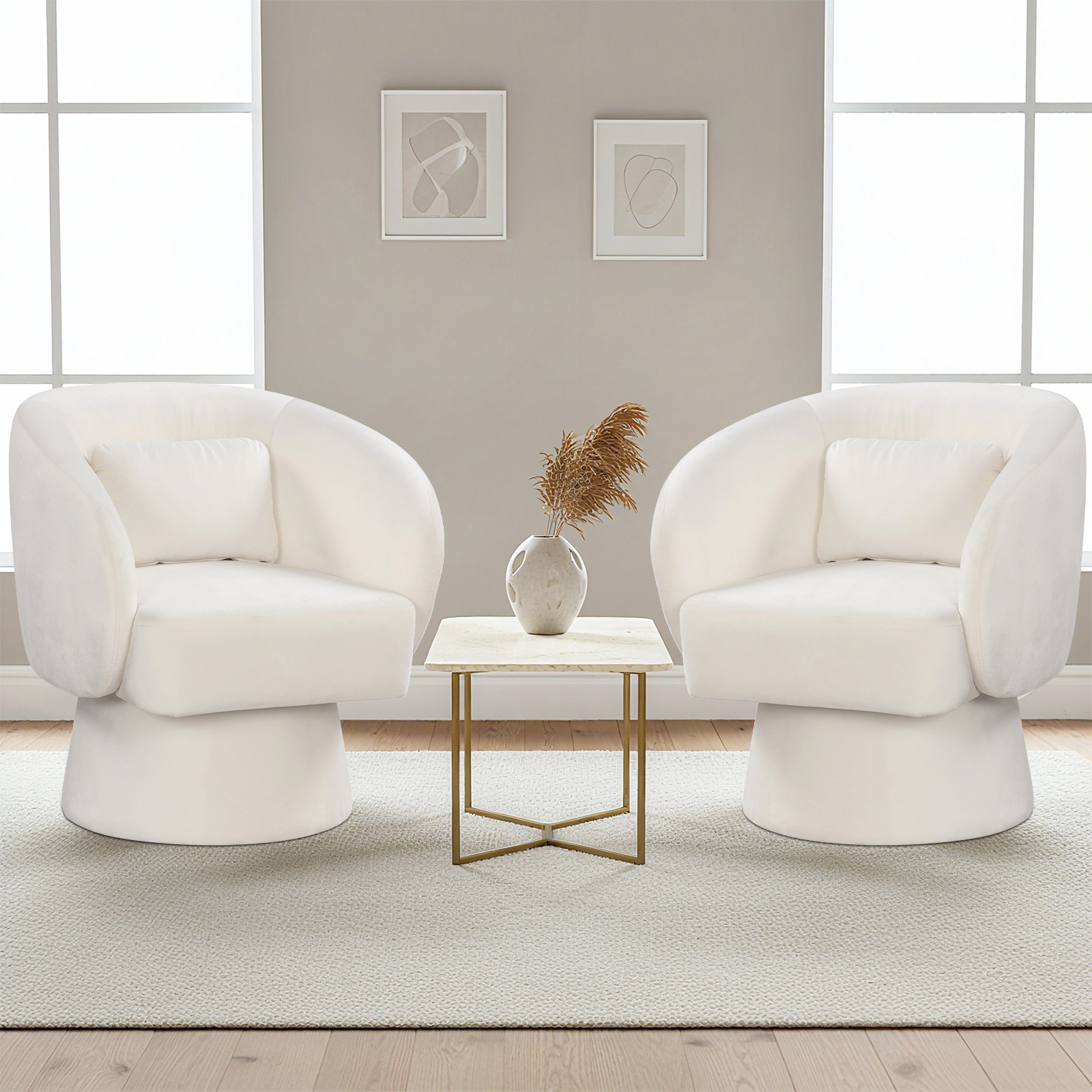 LJG Swivel Accent Chair Upholstered Barrel with Curved Back and Removable Lumbar Pillow