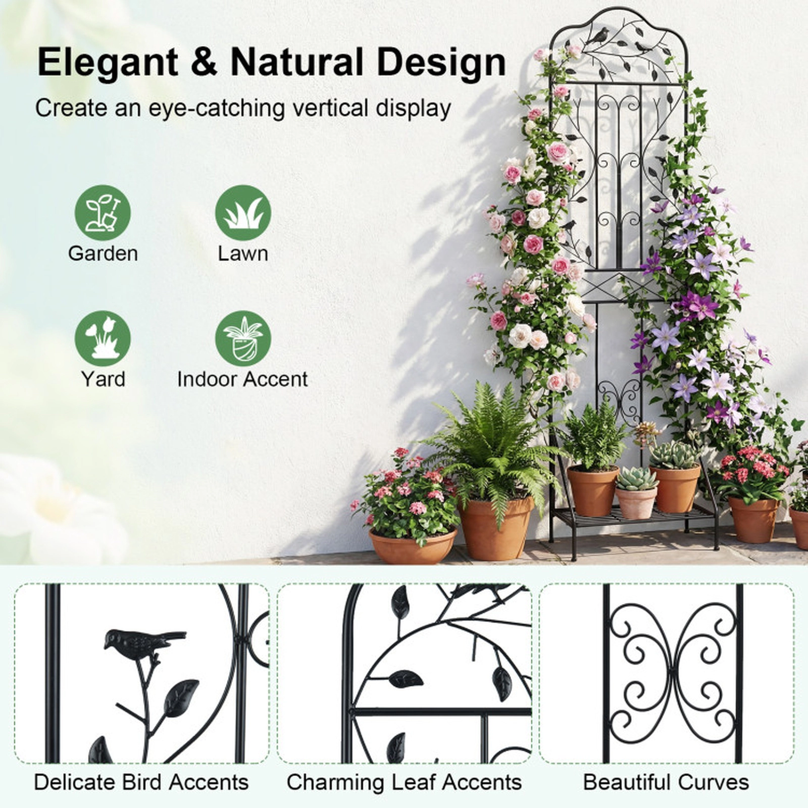 SUGIFT 75 x 20 in Outdoor Metal Garden Trellis with Foldable Bottom Shelf 33-lb Shelf Capacity 9-lb Frame Black