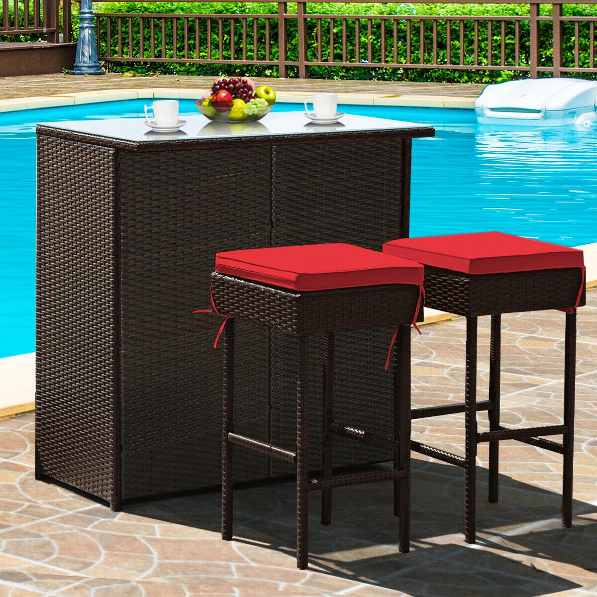 SUGIFT 3-Piece Brown Patio Rattan Bar Set with Glass-Top Table, Shelf and 2 Stools