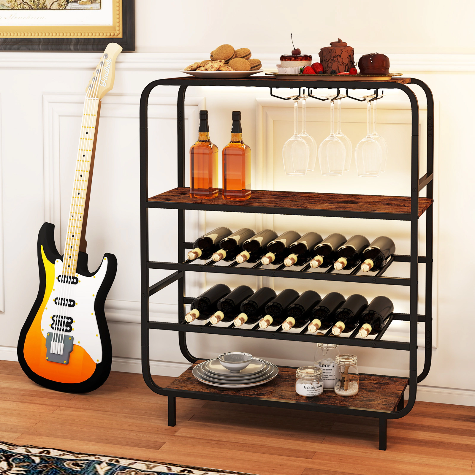 SUGIFT 5-Tier Wine Rack with Glass Holders 44-lb Tier Capacity Black and Rustic Brown