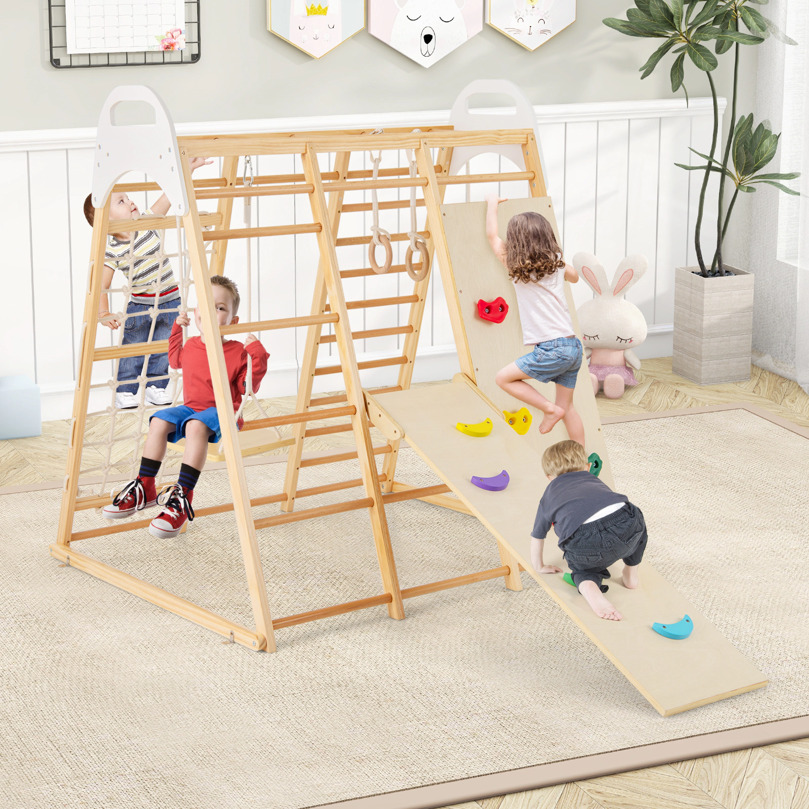 SUGIFT 8-in-1 Wooden Jungle Gym Climber Playset Slide & Monkey Bars 530-lb Capacity Ages 1 Years+ Multicolor/Natural