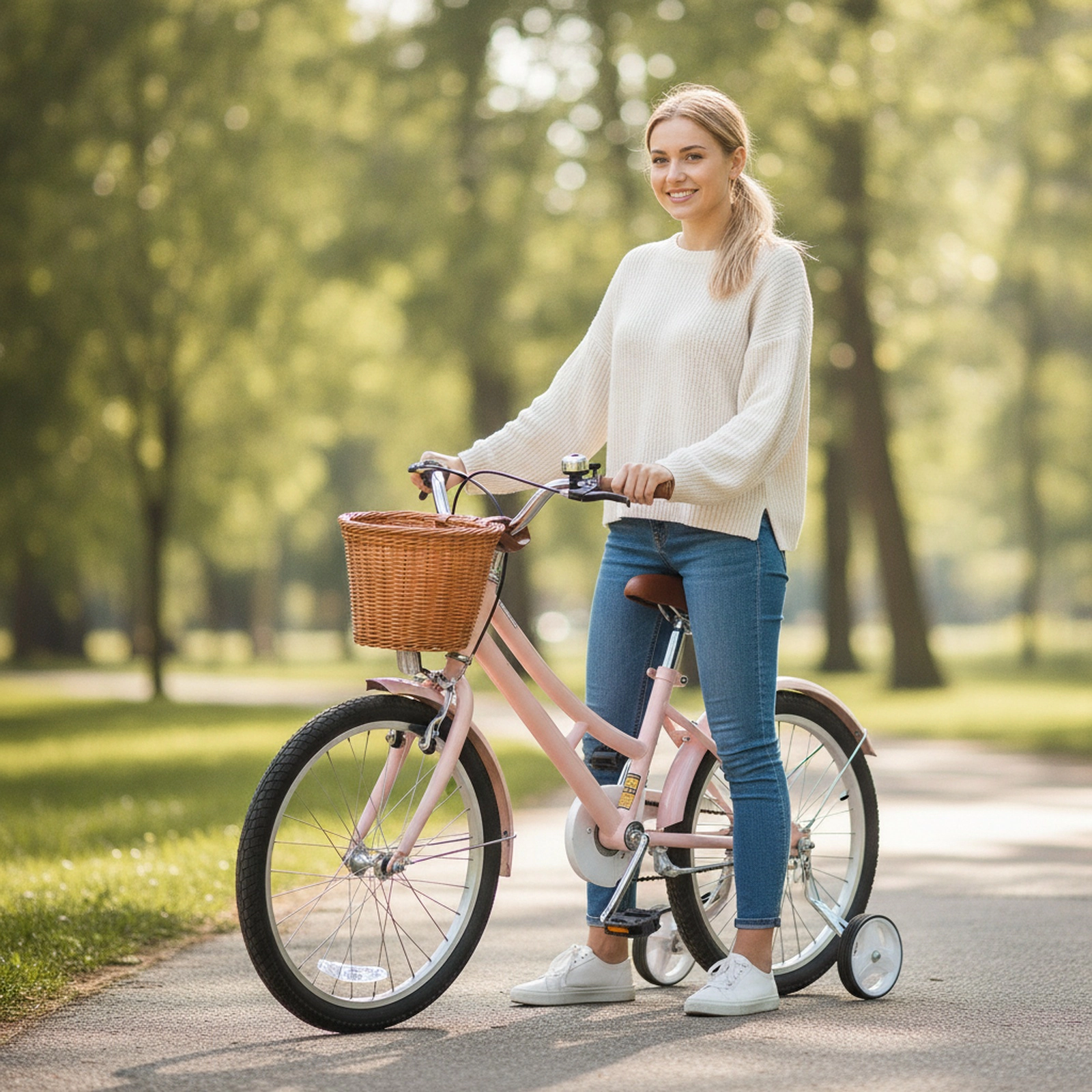14-in Retro Kids Bike Splash Fenders Removable Basket 5-Layer Anti-Puncture Tires Training Wheels Bell Ages 3-5 Pink